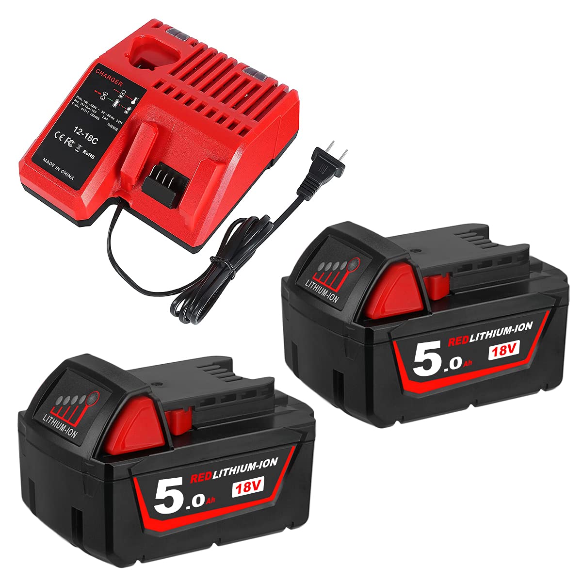 2-Pack 5000mAh 18V M-18 Replacement Battery & 12V-18V 48-59-1812 Charger Compatible with Milwaukee M-12/M-18 Power Tools - Perfect for Drills, Saws, and Outdoor Power Equipment