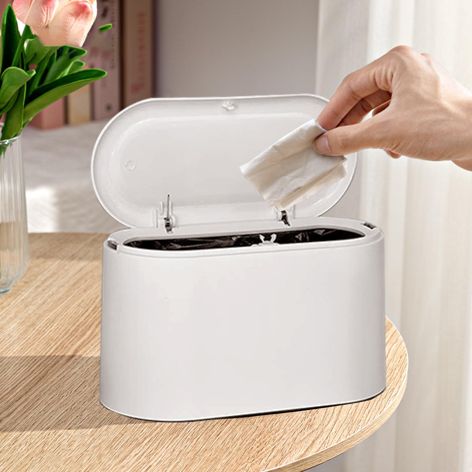 Mini Trash Can with Lid - Small Removable Garbage Bin, Compact Plastic Waste Basket for Bathroom, Office, Kitchen, Desk & Coffee Table | Pop-Up Countertop Lint Bin | Perfect for Home, Office & Travel Use (White)