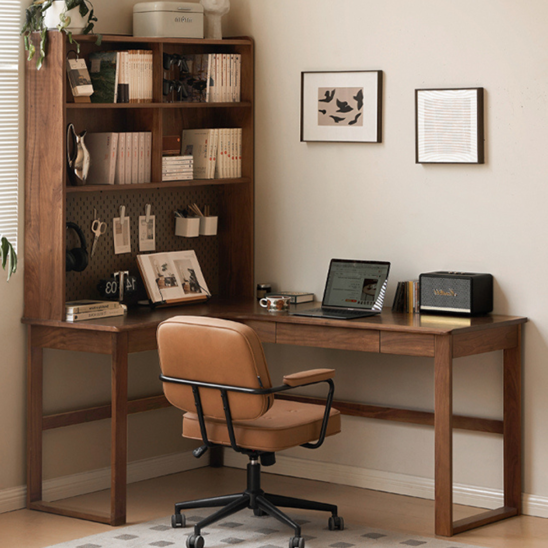 Solid Black Walnut & Oak Wood Corner Desk Bookshelf - Stylish Home Office Storage for Books, Decor & Essentials