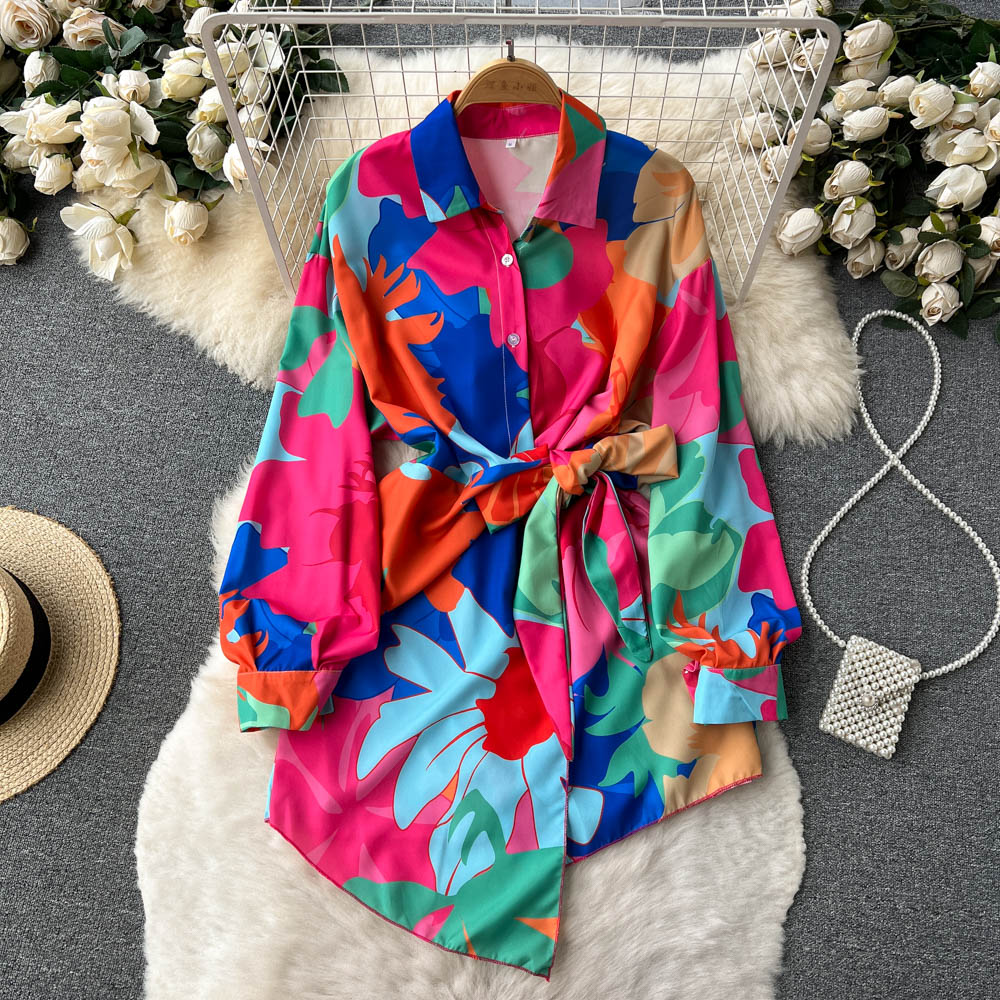 Women's A-Line Printed Shirt Dress - Irregular Hem Spring & Autumn Flowy Skirt Top 442 | Casual Office Wear, Date Night Outfit, Vacation Dress