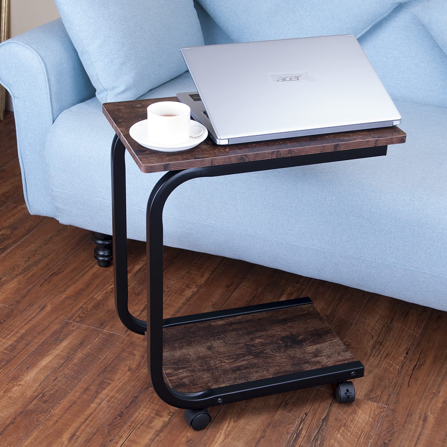 **Rolling C-Shaped End Table with Wheels - Sturdy Wood & Large Steel Tube Frame - Sofa Snack Table, Coffee Tray Stand - Perfect for Living Room, Bedroom & Office (Brown)**