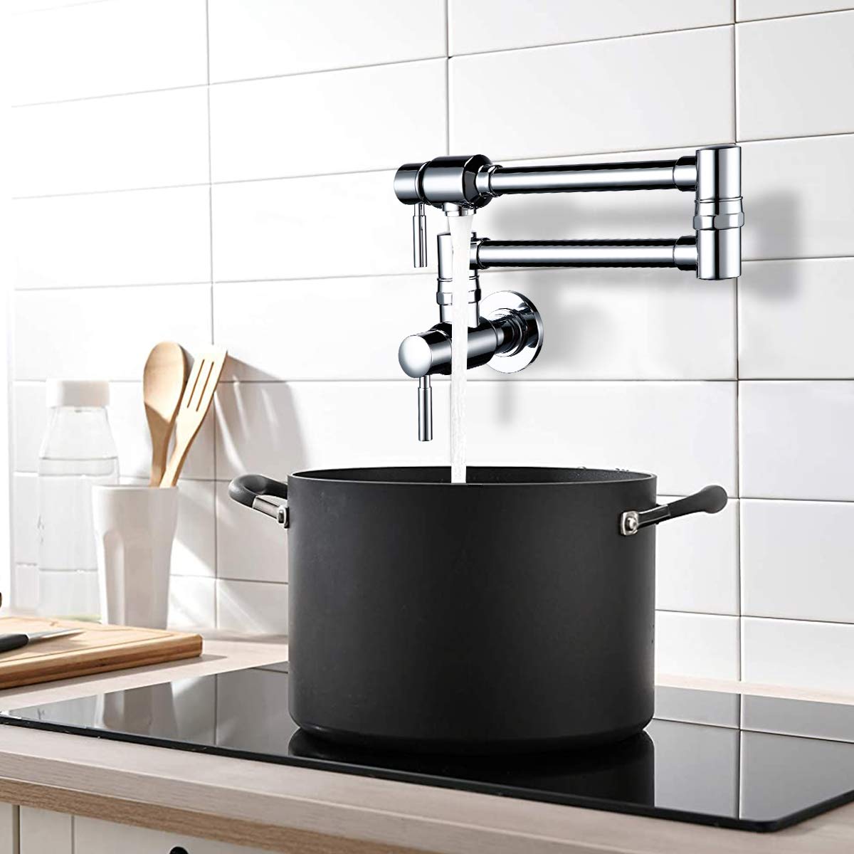 BAGNOLUX Chrome Pot Filler Faucet - Wall Mounted Cold Water Stove Faucet with Dual Lever Handle & Swing Arm - 23.4