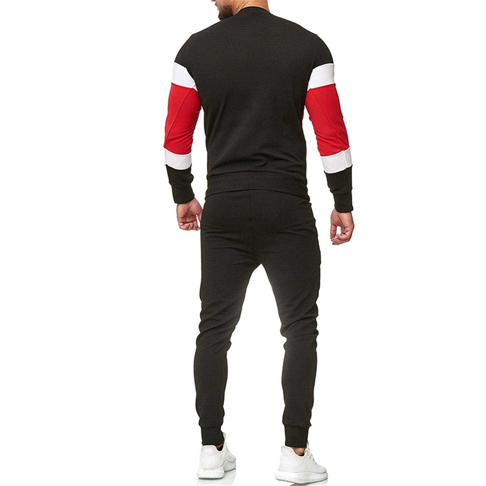 Men's 2-Piece Color Block Tracksuit Set - Casual Crewneck Patchwork Sweatshirt & Jogger Sweatpants for Running, Gym Workouts & Streetwear Fashion