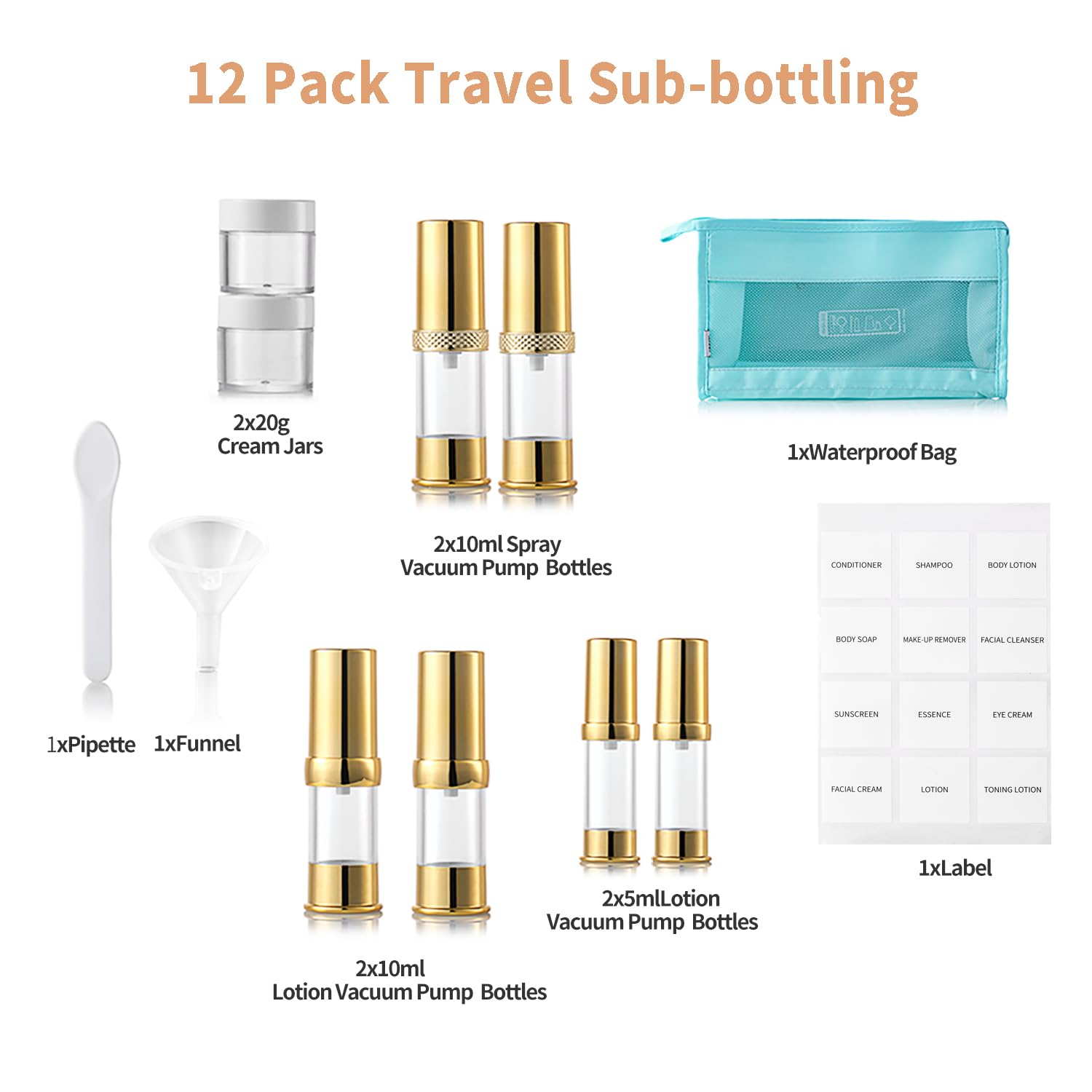 Golden Airless Cosmetic Pump Bottles 8-Piece Set - Refillable Travel Size Bottles with Cosmetic Bag | Leak-Proof for Skincare, Lotion & Serum | Perfect for Travel, Gym & Daily Beauty Routine