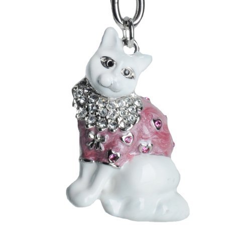 Swarovski Crystal Cat Keychain - Elegant White & Pink Enamel for Gifts & Accessories