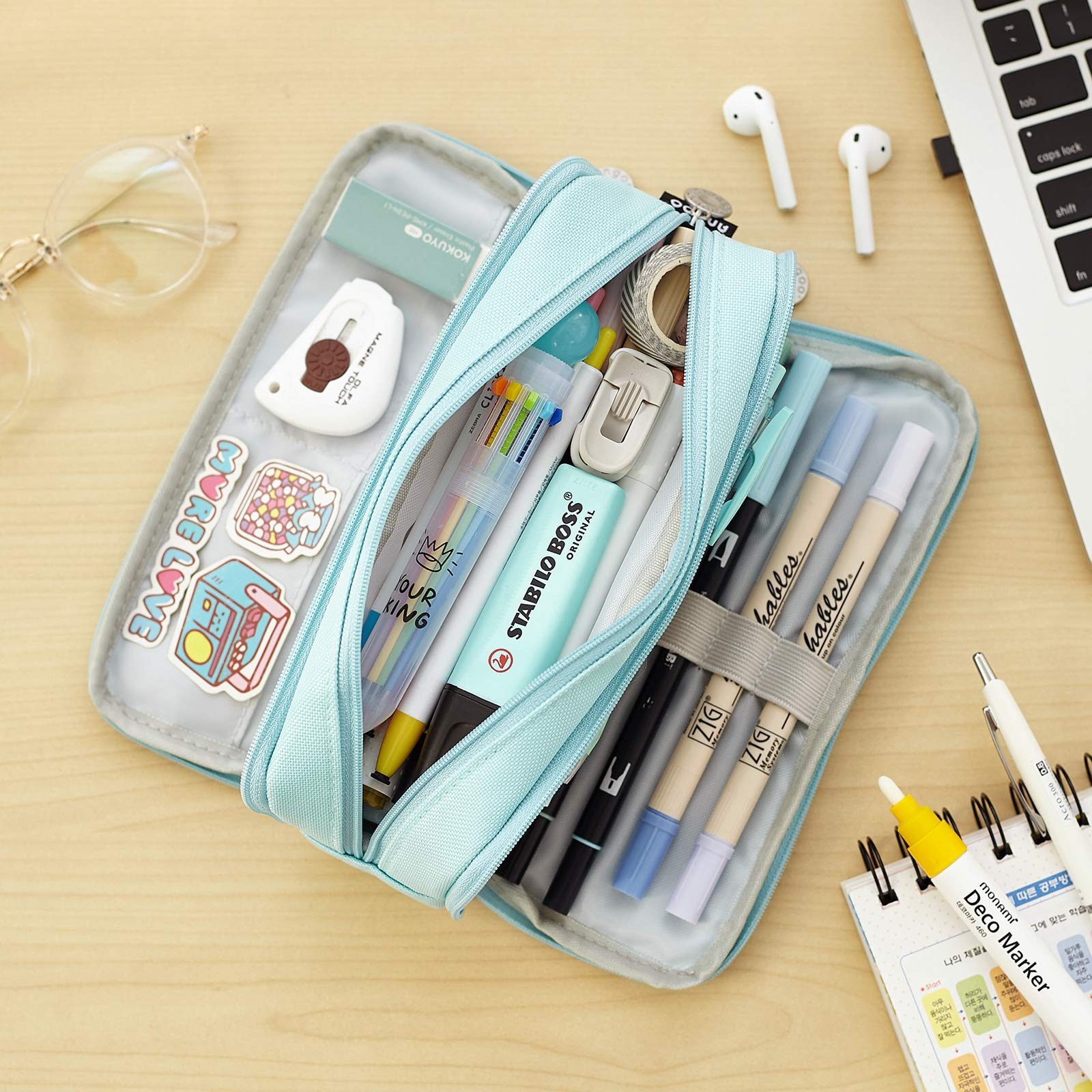 CICIMELON Large Capacity Pencil Case with 3 Compartments - Light Blue School Supplies Organizer for Students, Girls, Women & Adults | Perfect for School, Office, Travel & Art Storage
