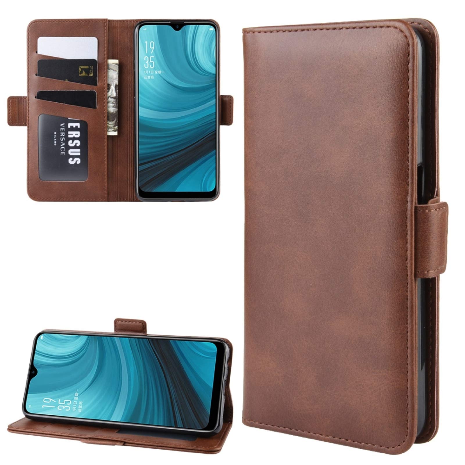 Oppo A7 / AX7 Leather Phone Case with Card Holder & Wallet Function - Double Buckle Business Holster Cover (Brown) | Perfect for Work, Travel & Daily Use