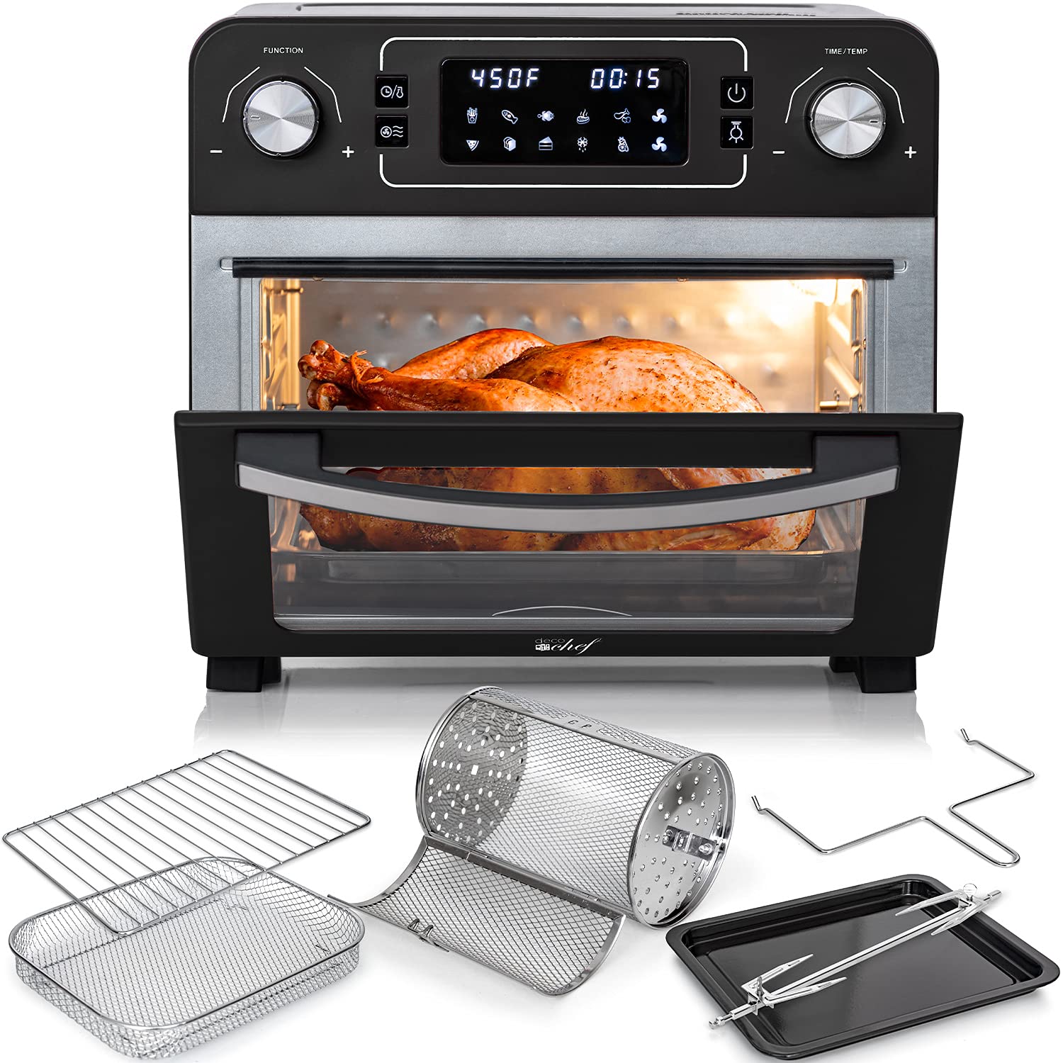 Deco Chef 24 QT 1700W Stainless Steel Toaster Oven with Air Fryer, Rotisserie, Grill Rack & Baking Pan - Perfect for Baking, Roasting, Air Frying & Family Cooking