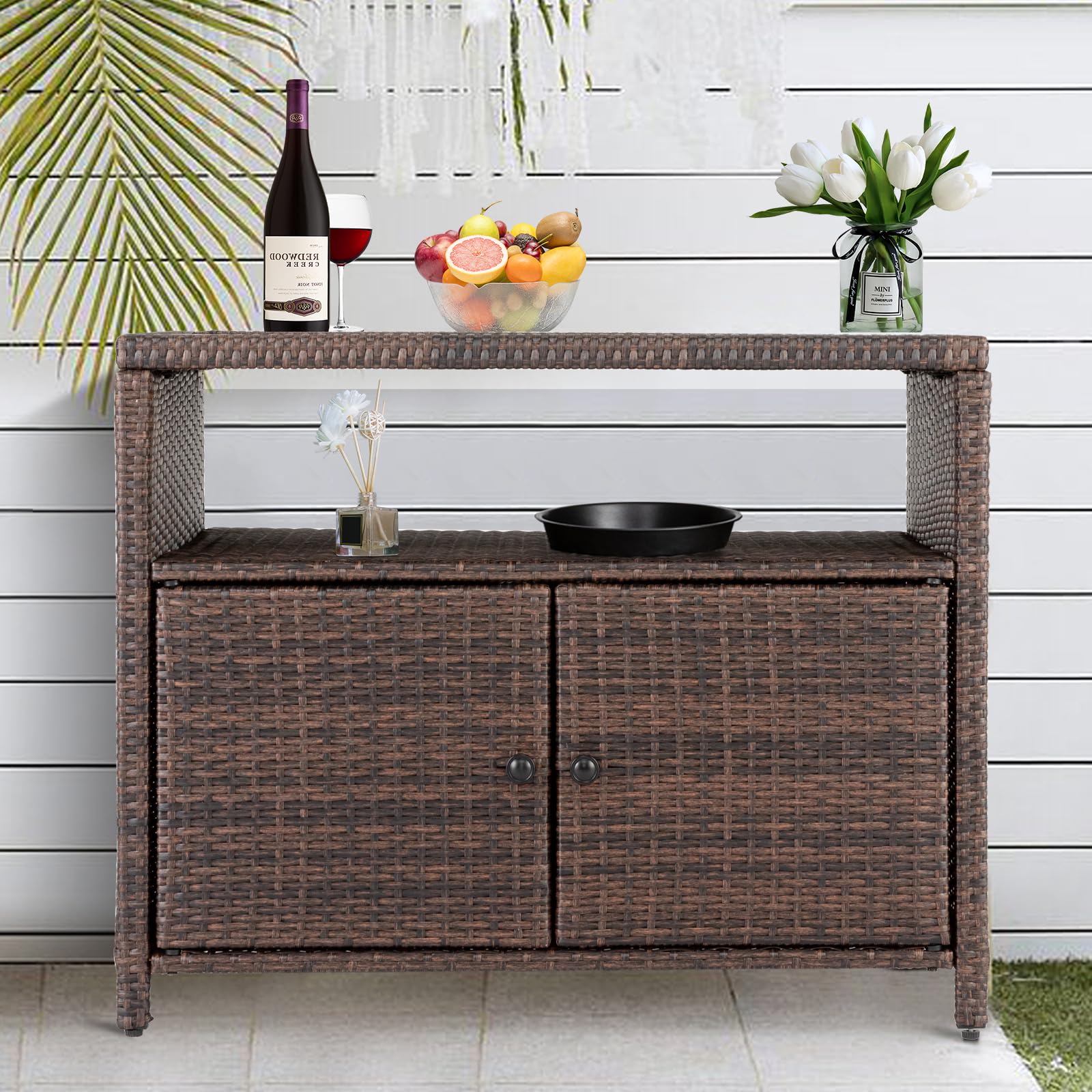 Durable Wicker Rattan Outdoor Storage Cabinet with 2 Doors & Shelves - Waterproof Polystyrene Top for Patio, Pool, Garden, Kitchen & Indoor Use - Perfect for Organizing Cushions, Toys & Gardening Tools (Brown)