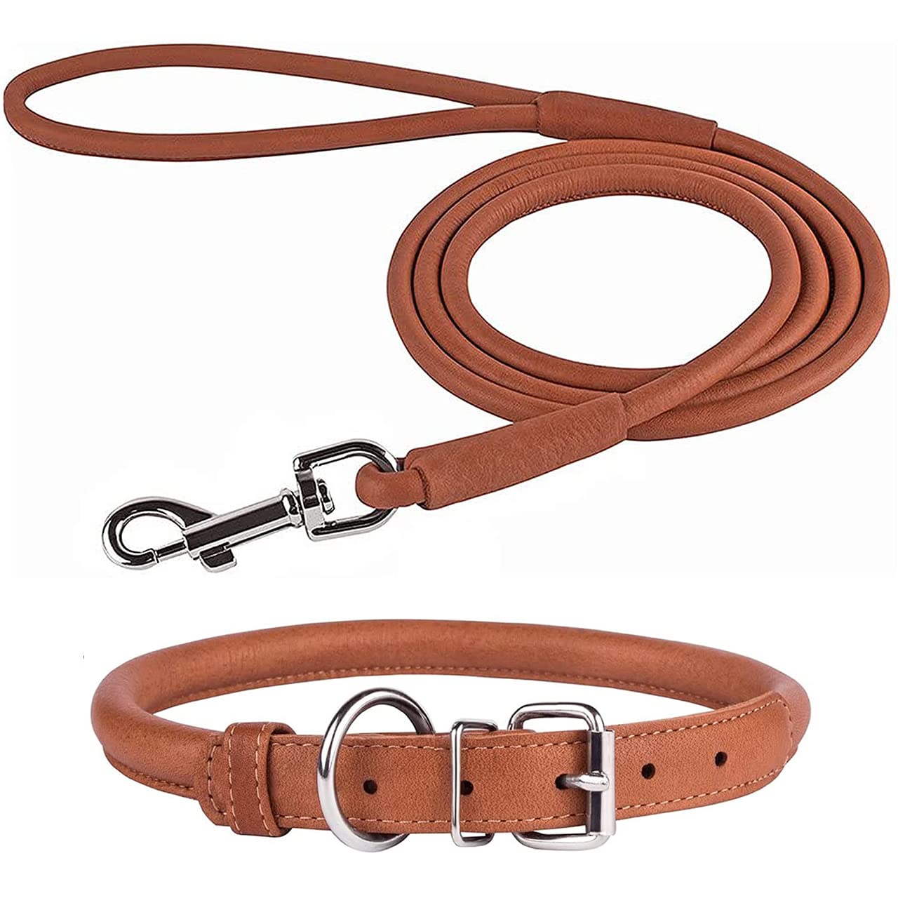 Premium Rolled Leather Dog Collar and Leash Set - Adjustable 14-16 Inch Neck Size for Large Dogs (6ft Leash) - Durable Brown Leather for Puppies, Boys & Girls - Perfect for Walks, Training & Outdoor Adventures