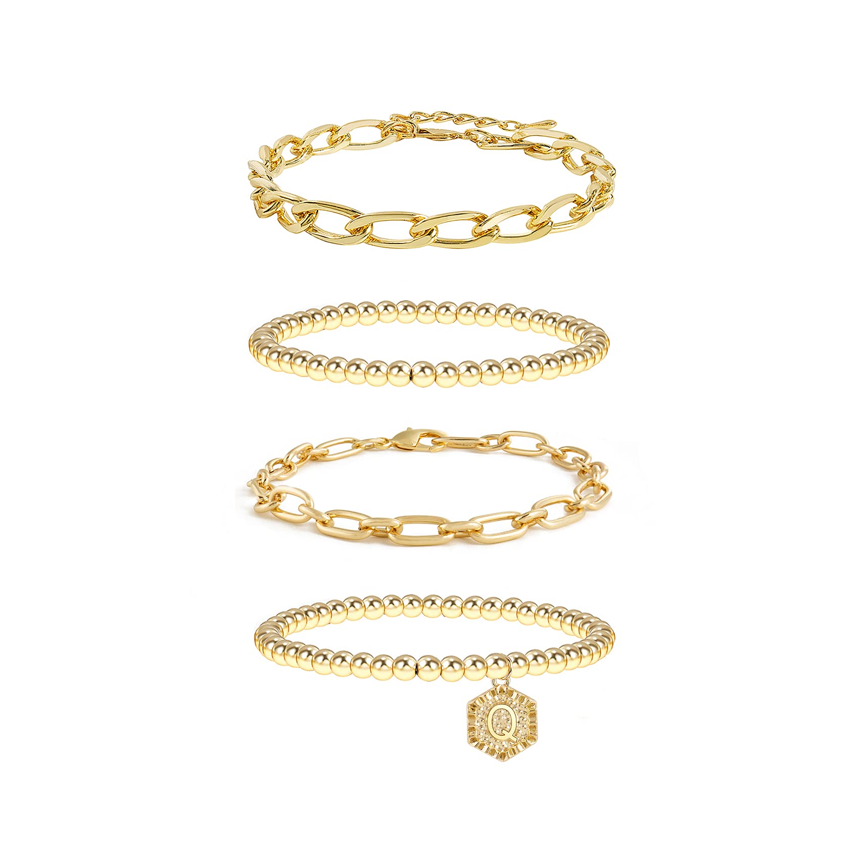 Gold Plated Initial Bracelet Set for Women - Stackable Beaded & Layered Chain Bangles - Cute Jewelry for Everyday Wear, Gift Giving & Special Occasions