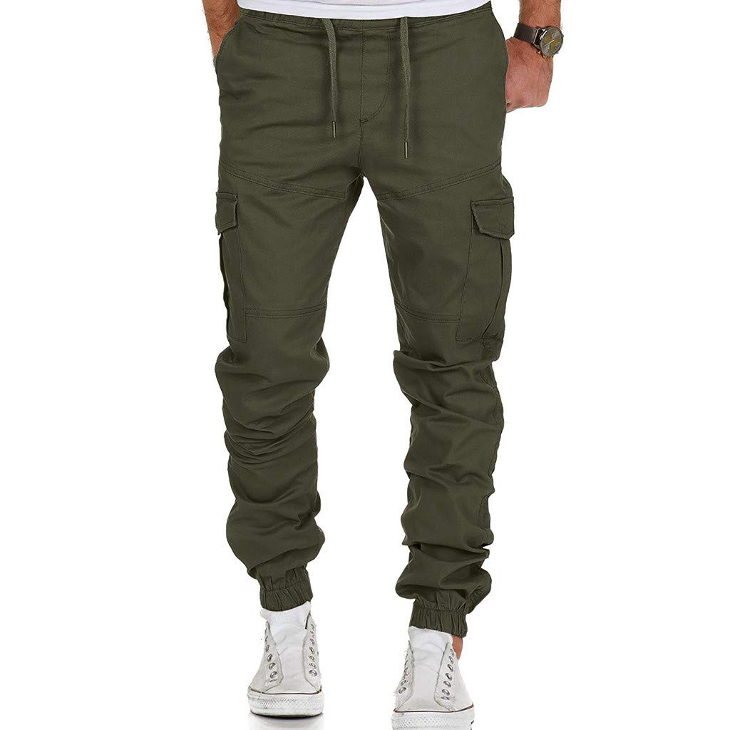 Men's Slim Fit Tapered Cargo Joggers - Elastic Waist with Drawstring & Flap Pockets - Ripstop Stretch Chino Work Pants in Army Green | Perfect for Casual Wear, Outdoor Activities & Work