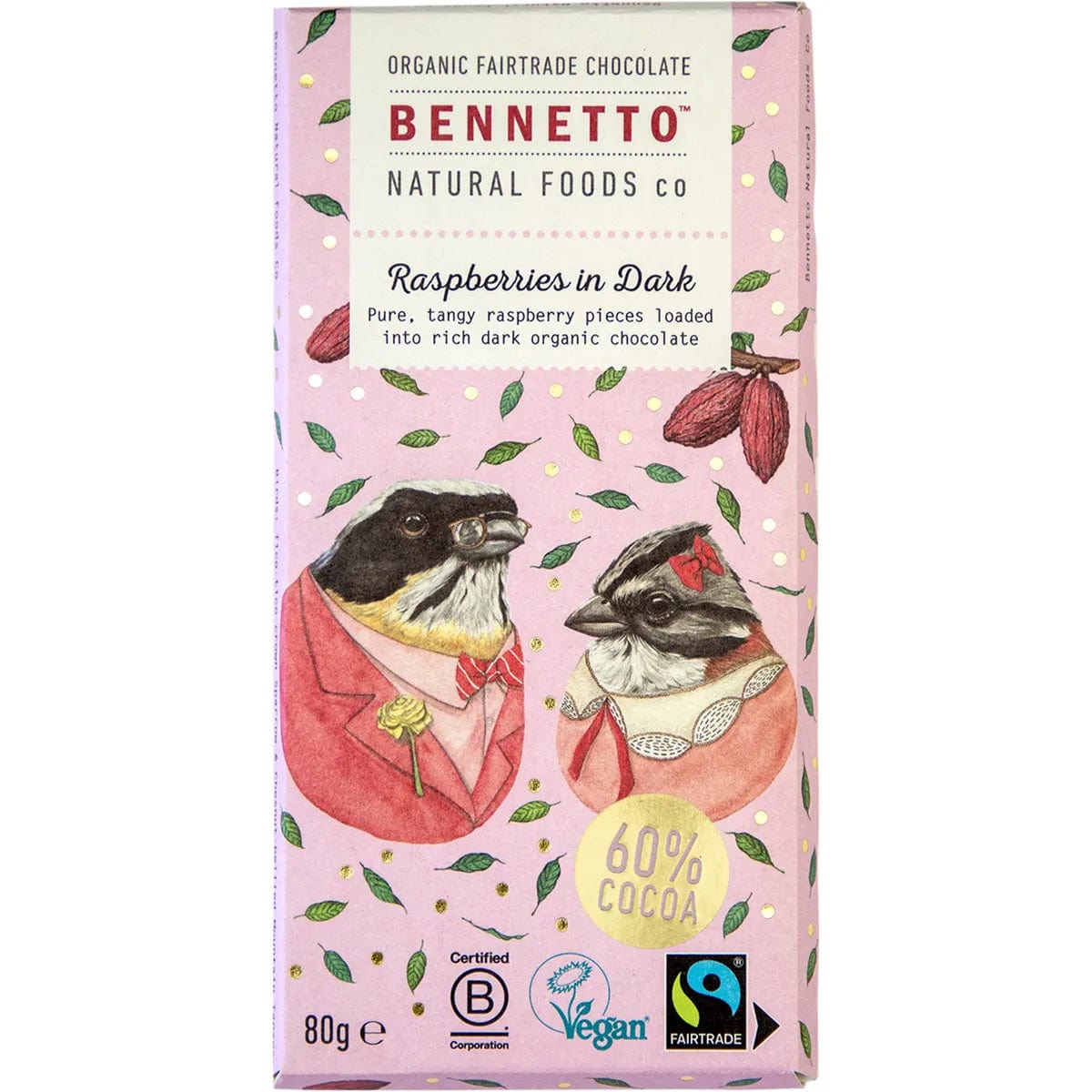 Bennetto Organic Dark Chocolate Bar 80g with Raspberries – Premium Vegan Snack for Gifts, Desserts & Healthy Treats