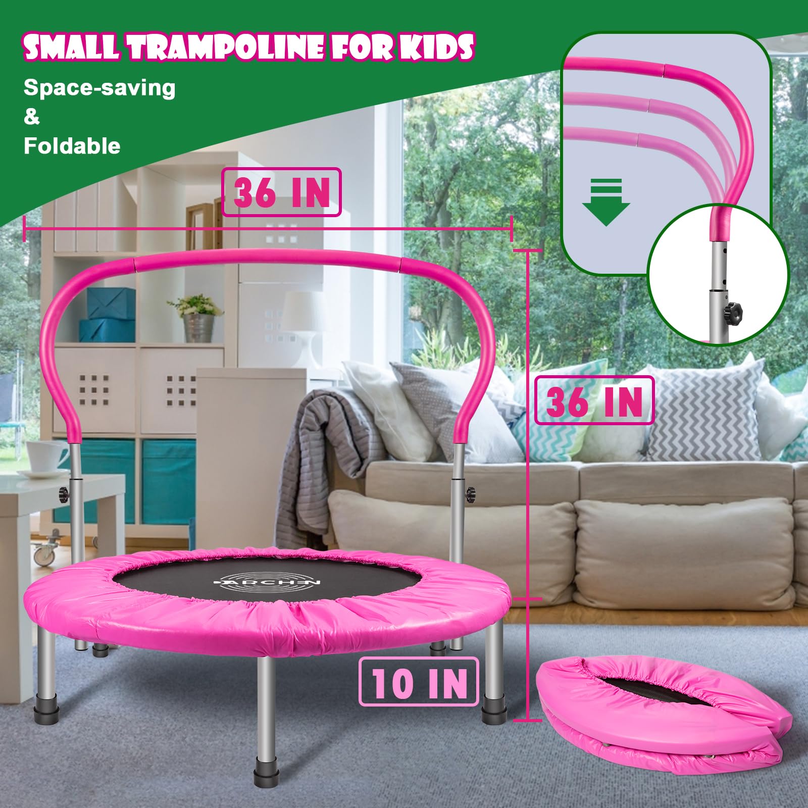 DARCHEN Foldable Mini Trampoline for Kids - Adjustable Foam Handle Indoor Trampoline for Home Gym, Exercise & Play - Perfect for Living Room, Backyard & Preschool Activities