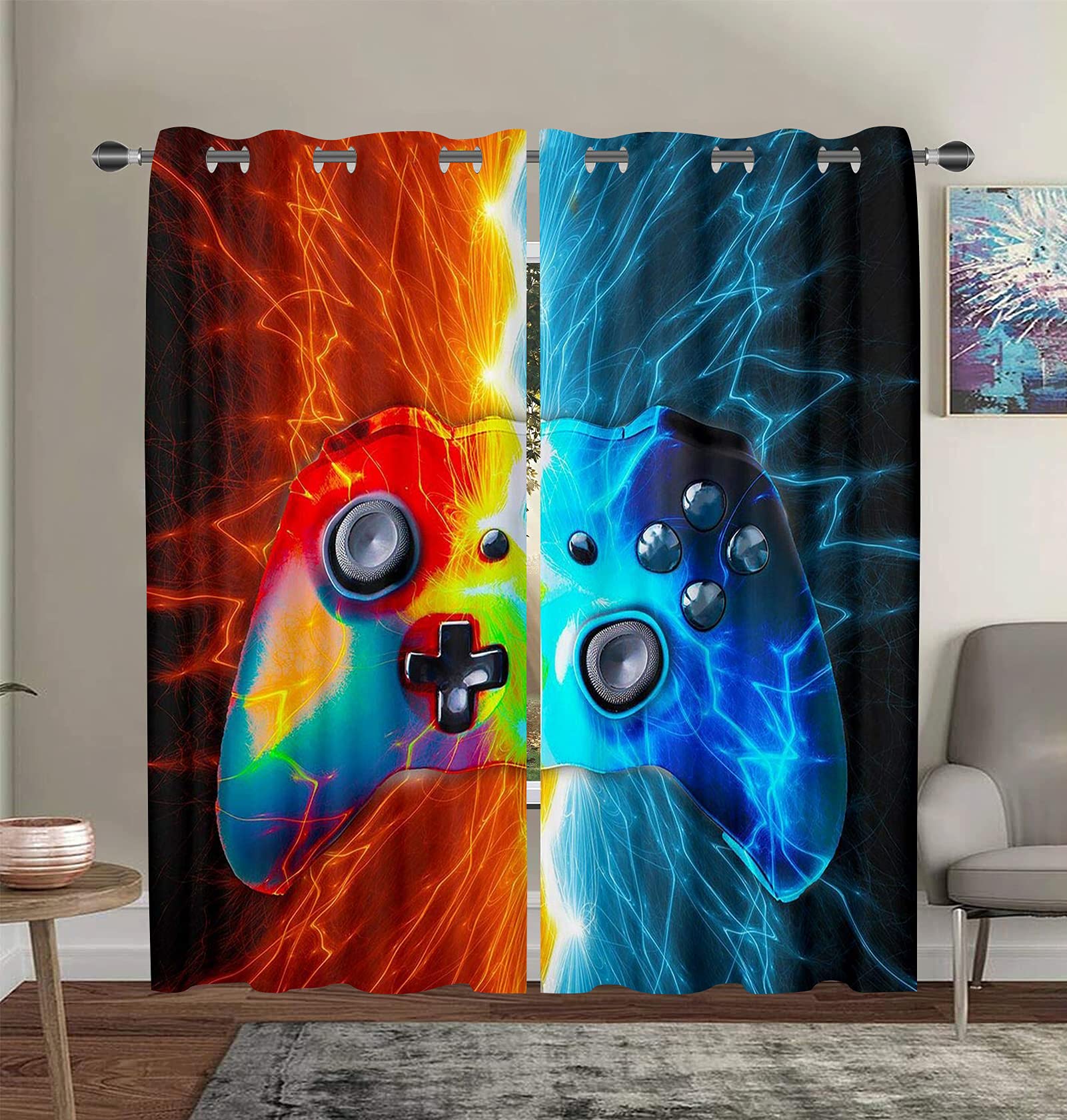 Gamer Room Blackout Curtains for Boys & Teens - Video Game Controller Design Thermal Insulated Window Drapes (2 Panels) - Perfect for Bedroom, Living Room & Gaming Setup