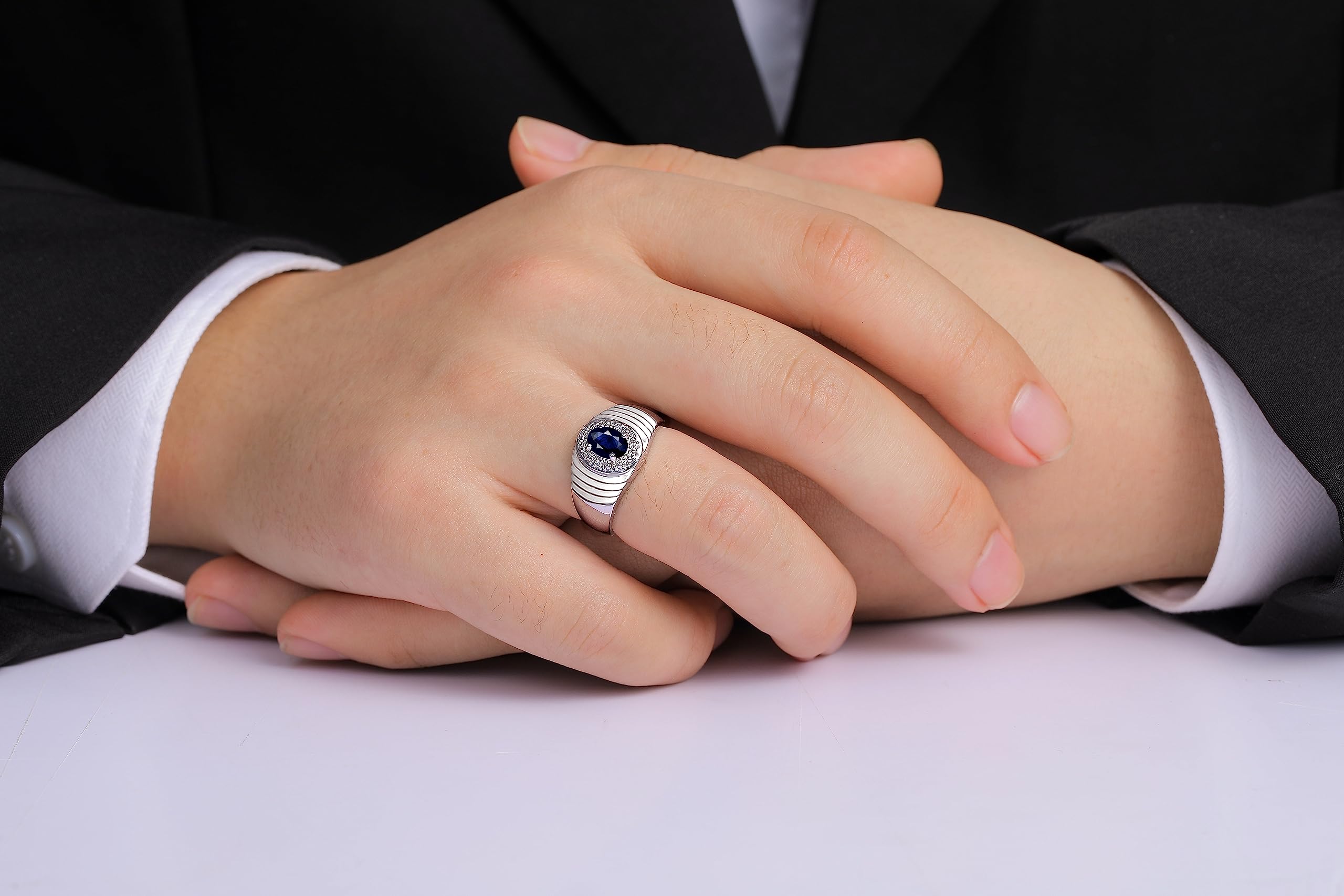 Rylos Men's Sterling Silver Diamond Halo Ring - 7x5mm Oval Genuine Diamond & Birthstone Ring for Men (Sizes 8-13) - Perfect for Weddings, Anniversaries & Special Occasions