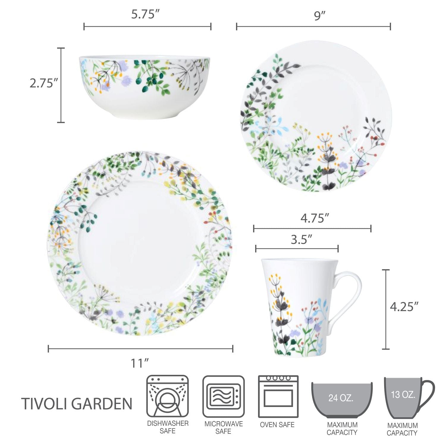 Tivoli Garden 16-Piece Dinnerware Set - Service for 4 People, Porcelain Dinner Plates, Bowls & Mugs - Elegant Tableware for Family Dinners, Parties & Restaurant Use
