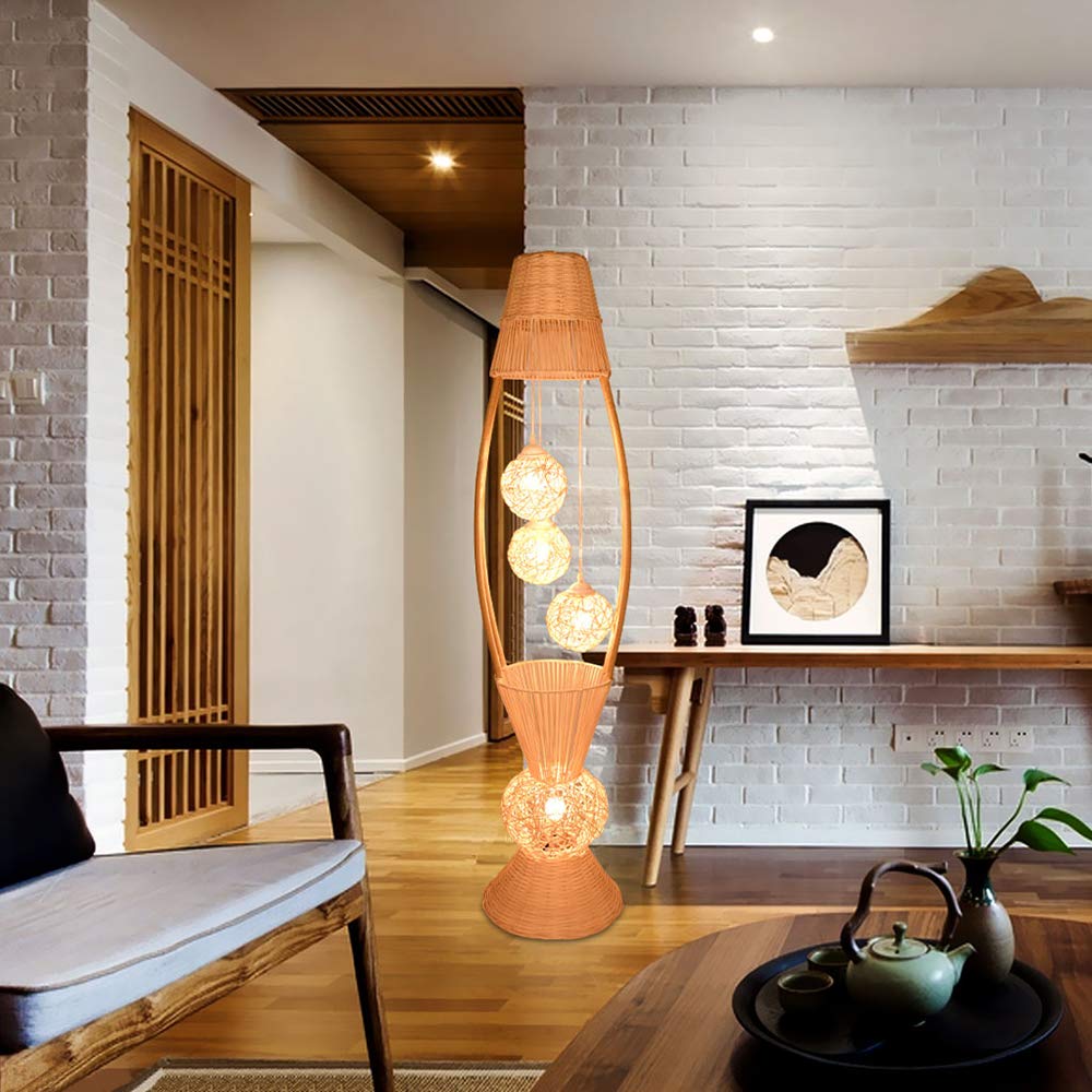 Bamboo Rattan Fish Floor Lamp - 4 Bulb Wooden Standing Light with Dangling Ball Shade, Asian Style Decorative Lighting for Living Room, Bedroom, Hotel & Restaurant | Perfect for Ambient Lighting, Home Decor & Zen Atmosphere