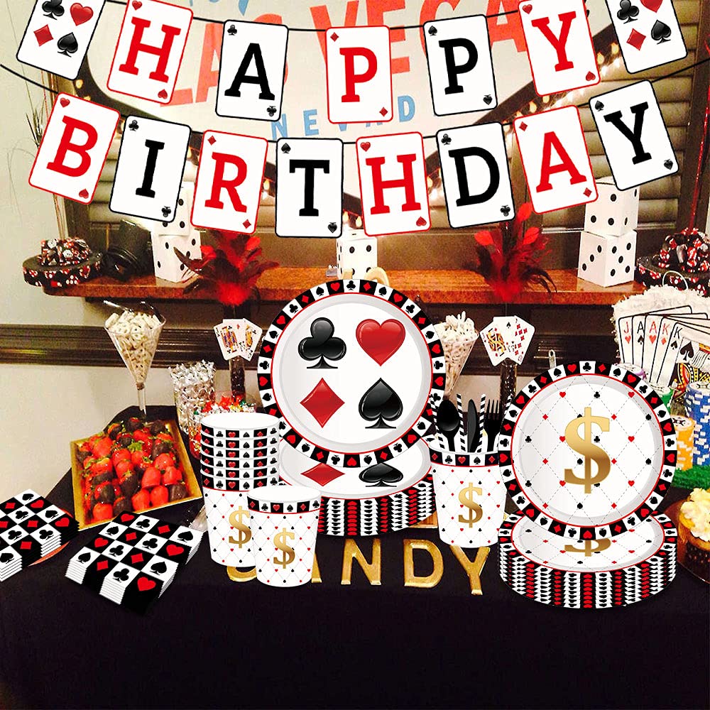45-Piece Poker Party Plates & Napkins Set with Birthday Banner - Casino & Vegas Themed Party Supplies, Queen of Hearts Decor for Poker Nights, Casino Birthday Parties, and Vegas-Themed Events