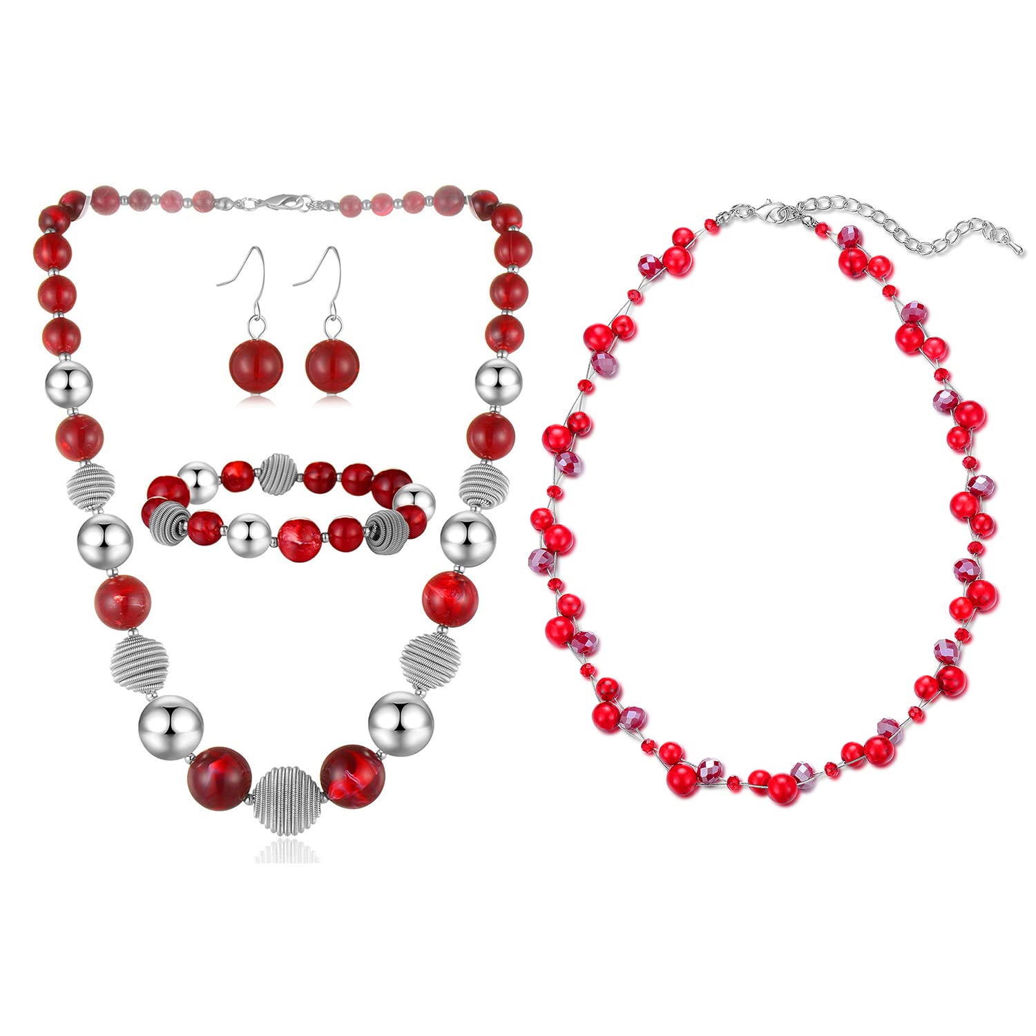 PEARL&CLUB Red Beaded Statement Jewelry Set for Women - Elegant Necklace & Earrings Gift Set - Perfect for Parties, Weddings & Special Occasions