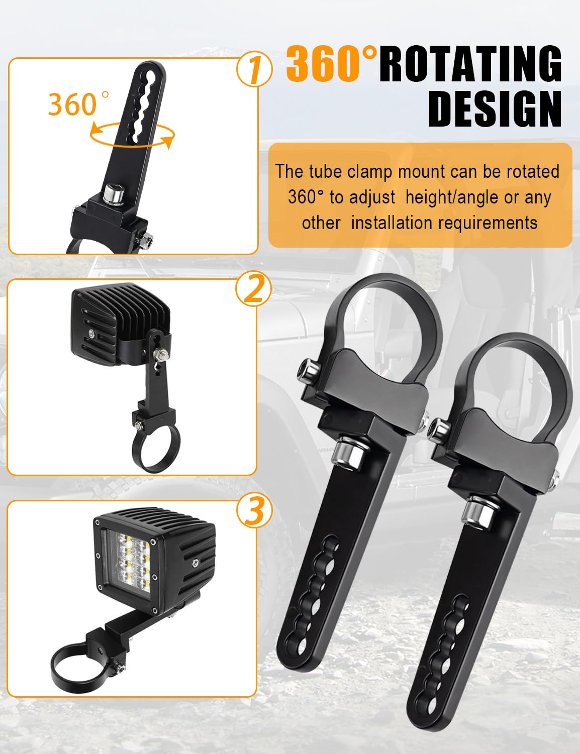 1.5'' Adjustable Tube Clamps Mounting Brackets - Roll Cage Bull Bar Clip Holder Kit for LED Light Bar - Compatible with Offroad Truck, ATV, SUV (2pcs) - Perfect for Off-Road Adventures, Camping & Outdoor Exploration