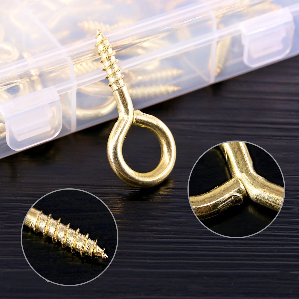 120Pcs Gold Screw Eye Hooks Kit - 6 Sizes Metal Self-Tapping Screws for Home & Office Use