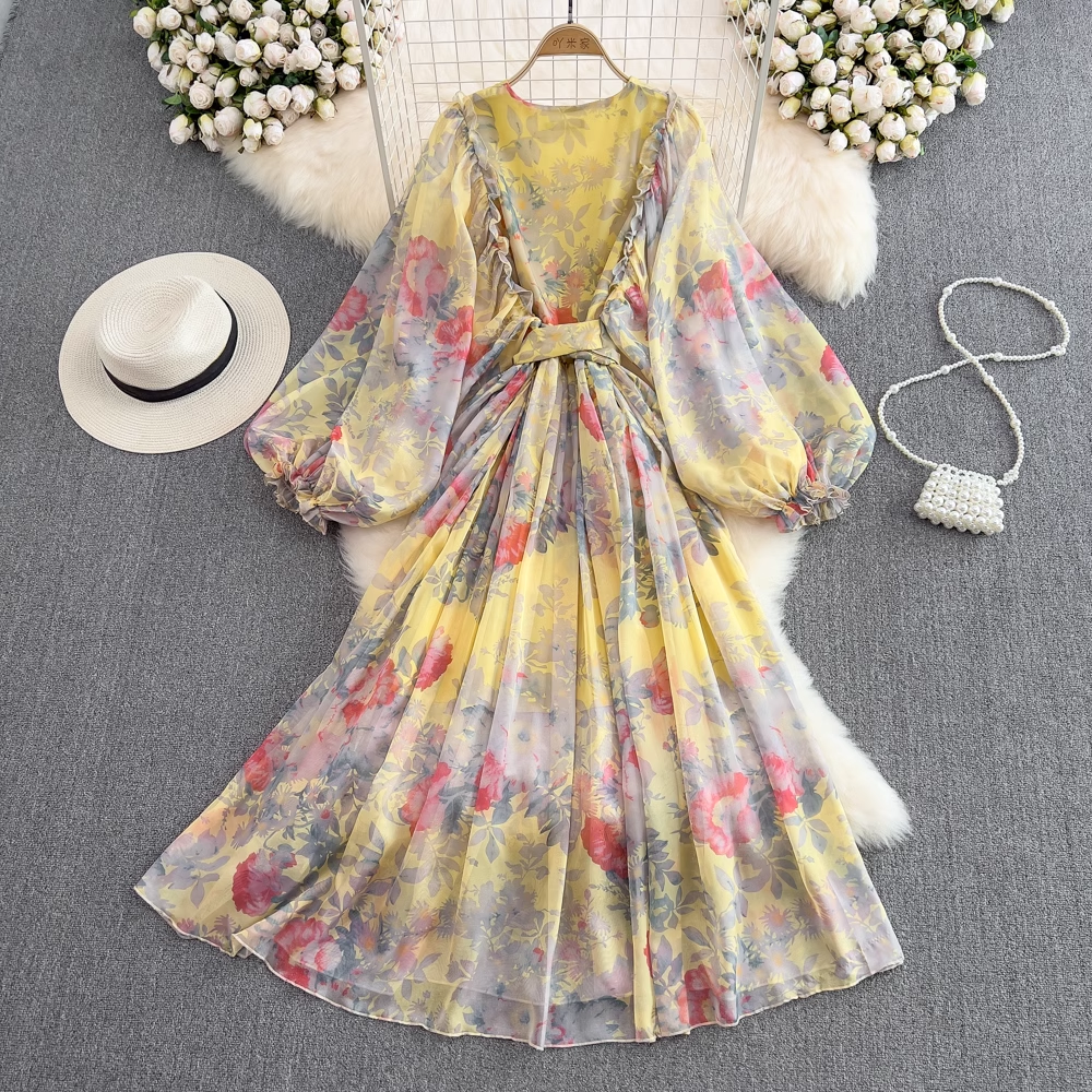 Elegant French Style Deep V Neck Floral Chiffon Maxi Dress with Long Sleeves - Women's Party, Wedding Guest & Special Occasion Evening Gown
