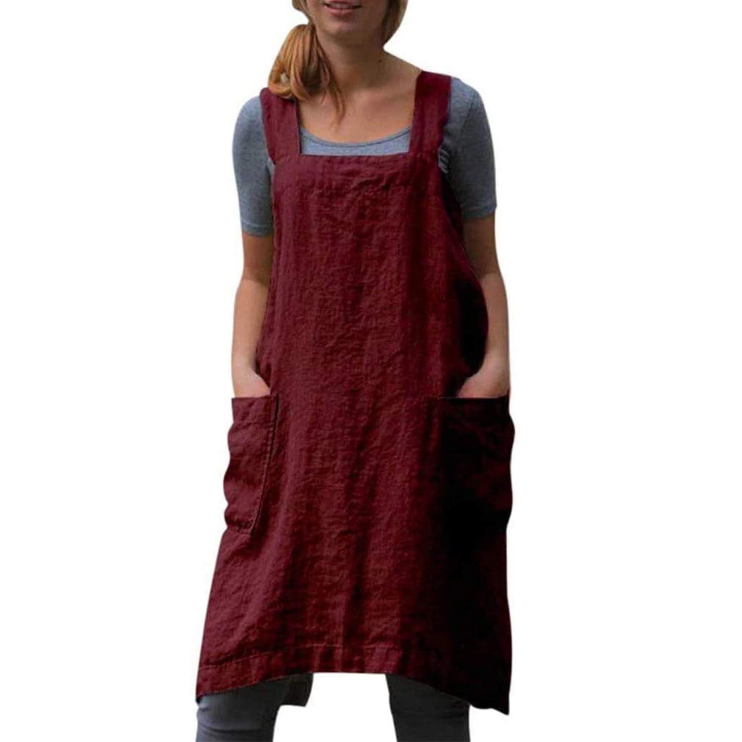 **Cotton Linen Apron for Women - Cross Back Adjustable Pinafore Dress with Pockets - Perfect for Baking, Cooking & Kitchen Activities**