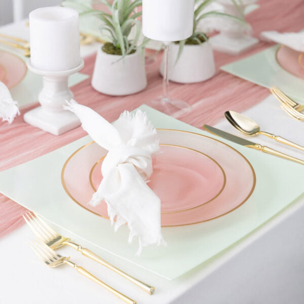 32-Piece Pink Transparent & Gold Round Plastic Dinnerware Set - Crystal Design for 16 Guests | Elegant Party, Wedding, Bridal Shower & Holiday Tableware