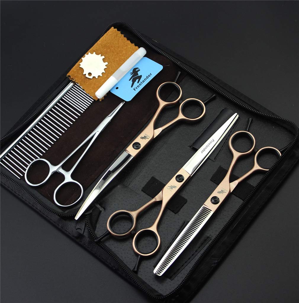 Professional 7-Inch Stainless Steel Pet Grooming Scissors Set - 3-Piece Dog Grooming Kit with Straight, Thinning & Curved Scissors for Body, Face, Ears, Nose & Paws | Perfect for Professional Groomers & Pet Owners at Home