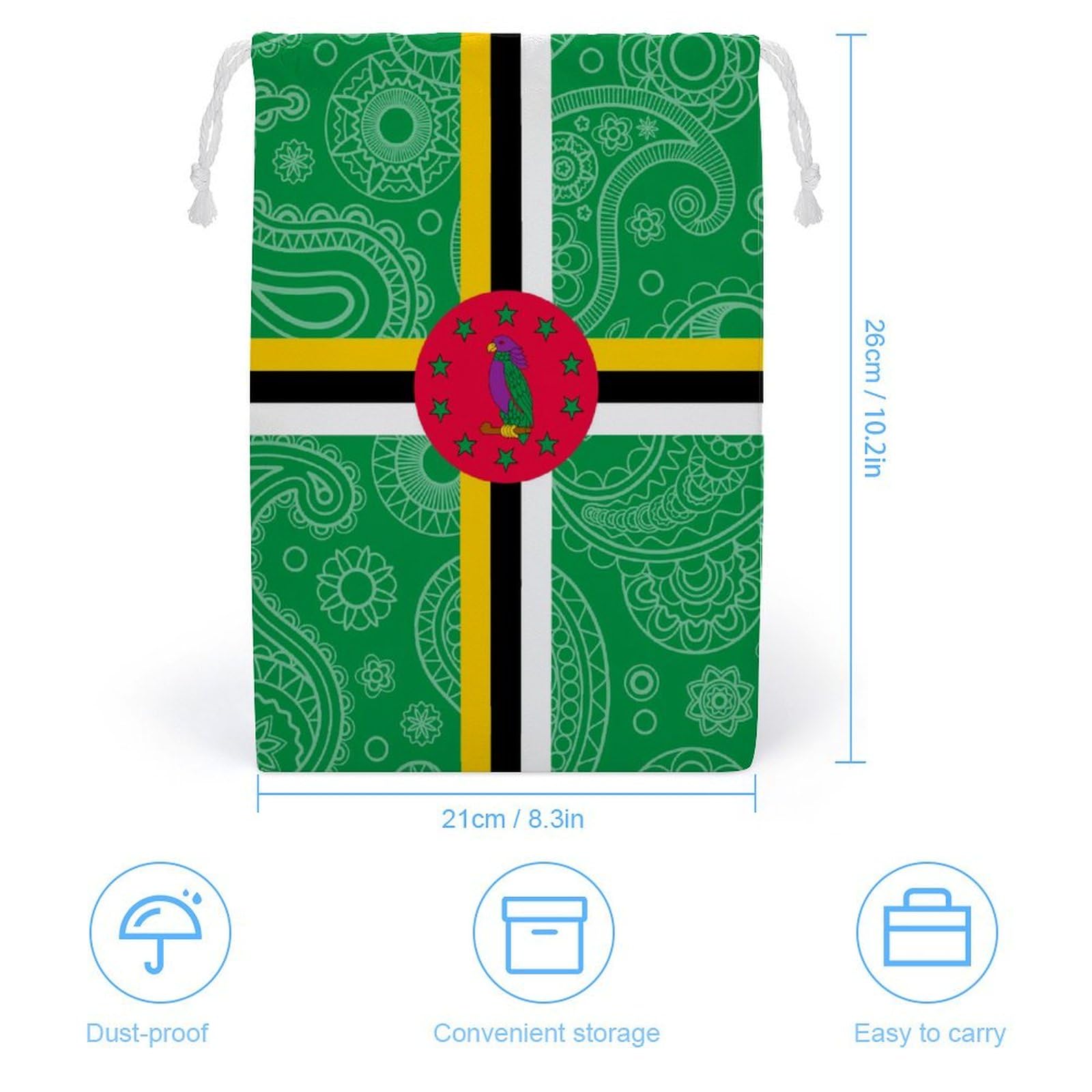Dominica Paisley Flag Print Muslin Drawstring Bags - Reusable Small Gift Pouches for Party Favors, Wedding Gifts & Travel Storage | Eco-Friendly Cotton Fabric Gift Bags