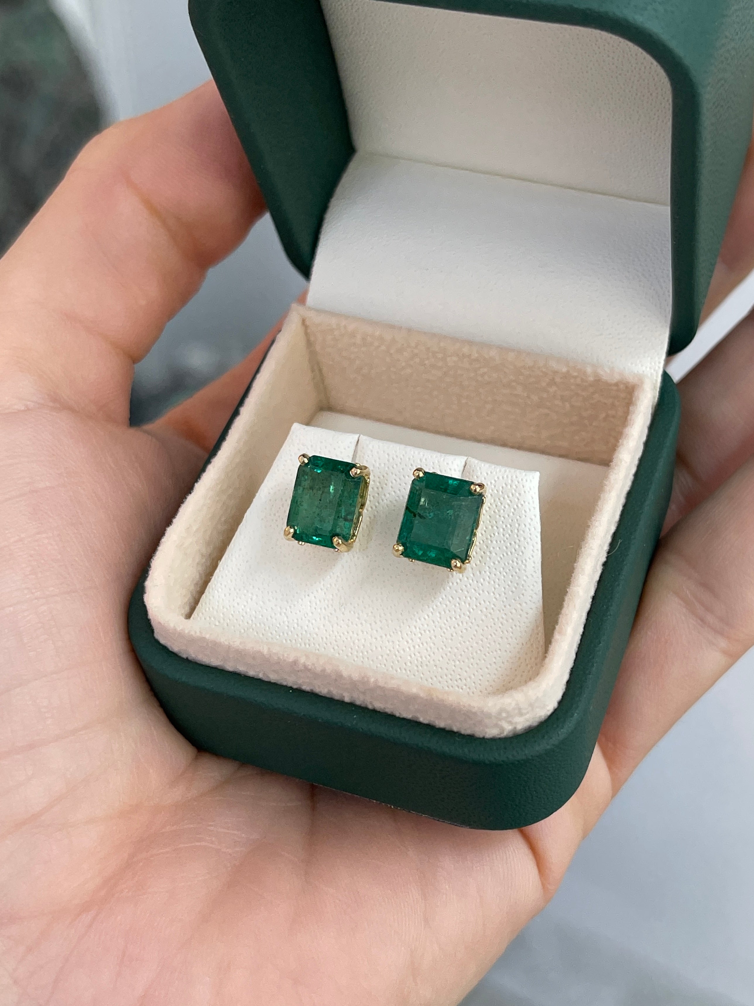 6.70tcw Zambian Emerald Emerald Cut Fleur De Lis Stud Earrings in 14K Gold - Elegant Jewelry for Women, Perfect for Weddings, Parties & Special Occasions