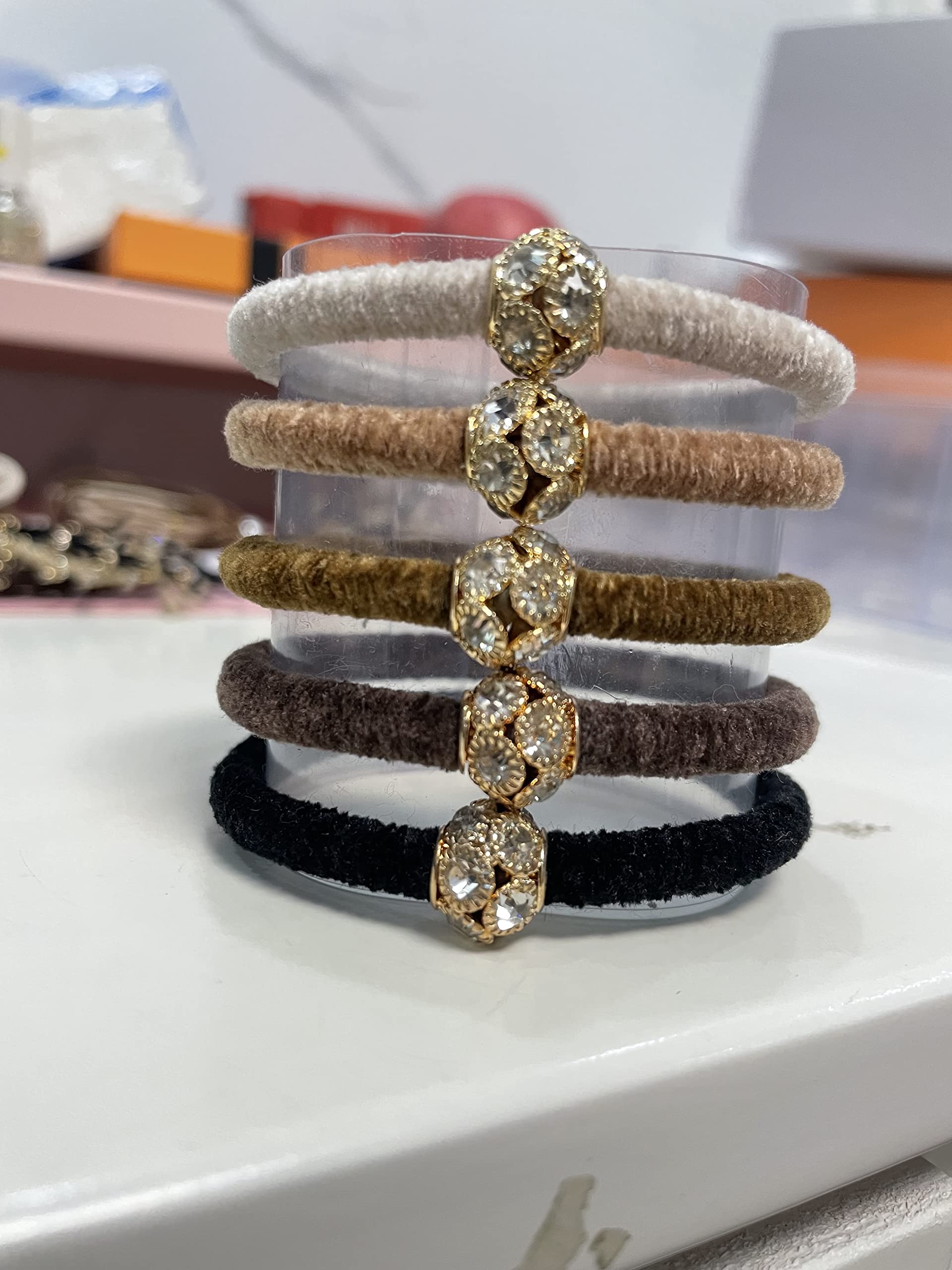 5PC Rhinestone Velvet Hair Ties & Bracelets Set - Elegant Hair Accessories & Fashion Jewelry for Women, Girls (Perfect for Parties, Weddings, Daily Wear)