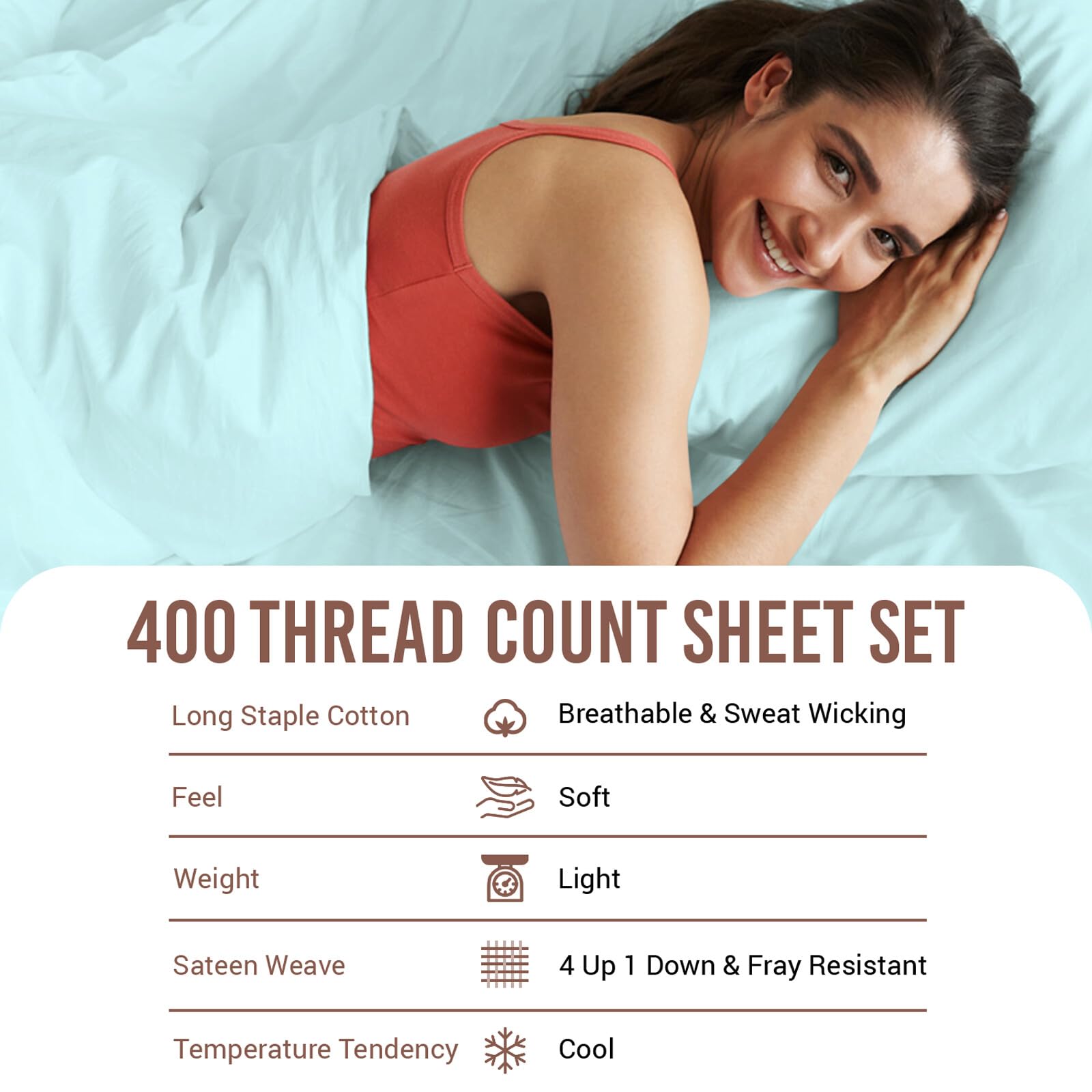 **Pizuna Pure 100% Cotton Sheets Twin XL Size - 400 Thread Count Long Staple Sateen Weave, Deep Pocket 15