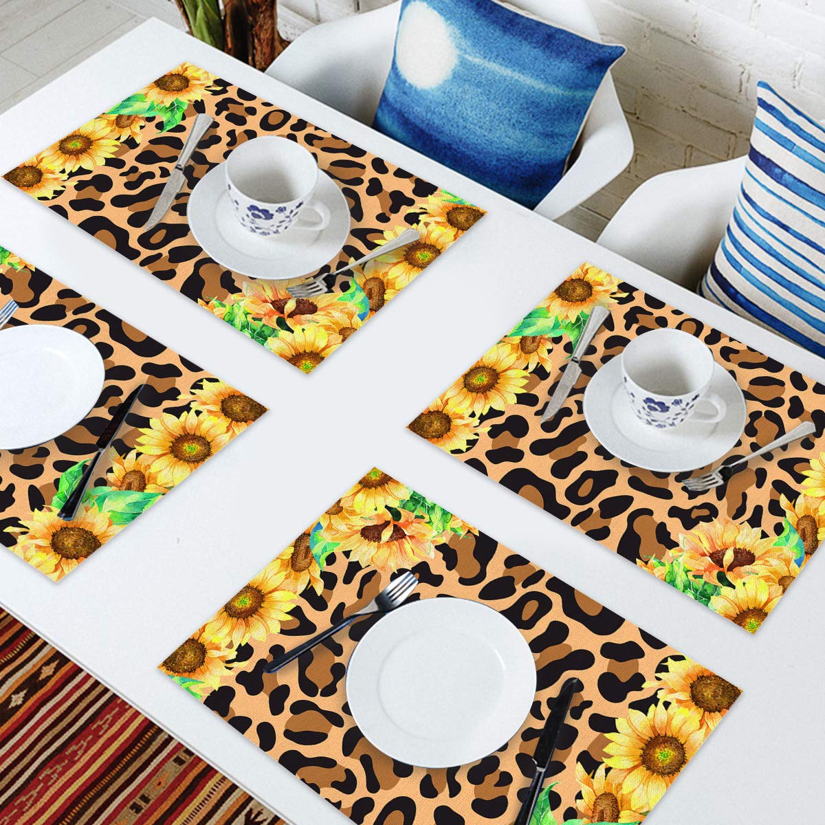 6-Piece Wild Animal Skin Texture Leopard Print Placemats Set - Stain Resistant & Washable Kitchen Table Mats for Dining Room Decor - Perfect for Home, Restaurant, and Party Use