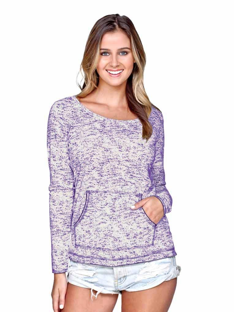 Junior's Static Jersey Print Contrast Raw Edge Long Sleeve with Pouch - Grape L | Trendy Casual Top for Teens, School, and Everyday Wear