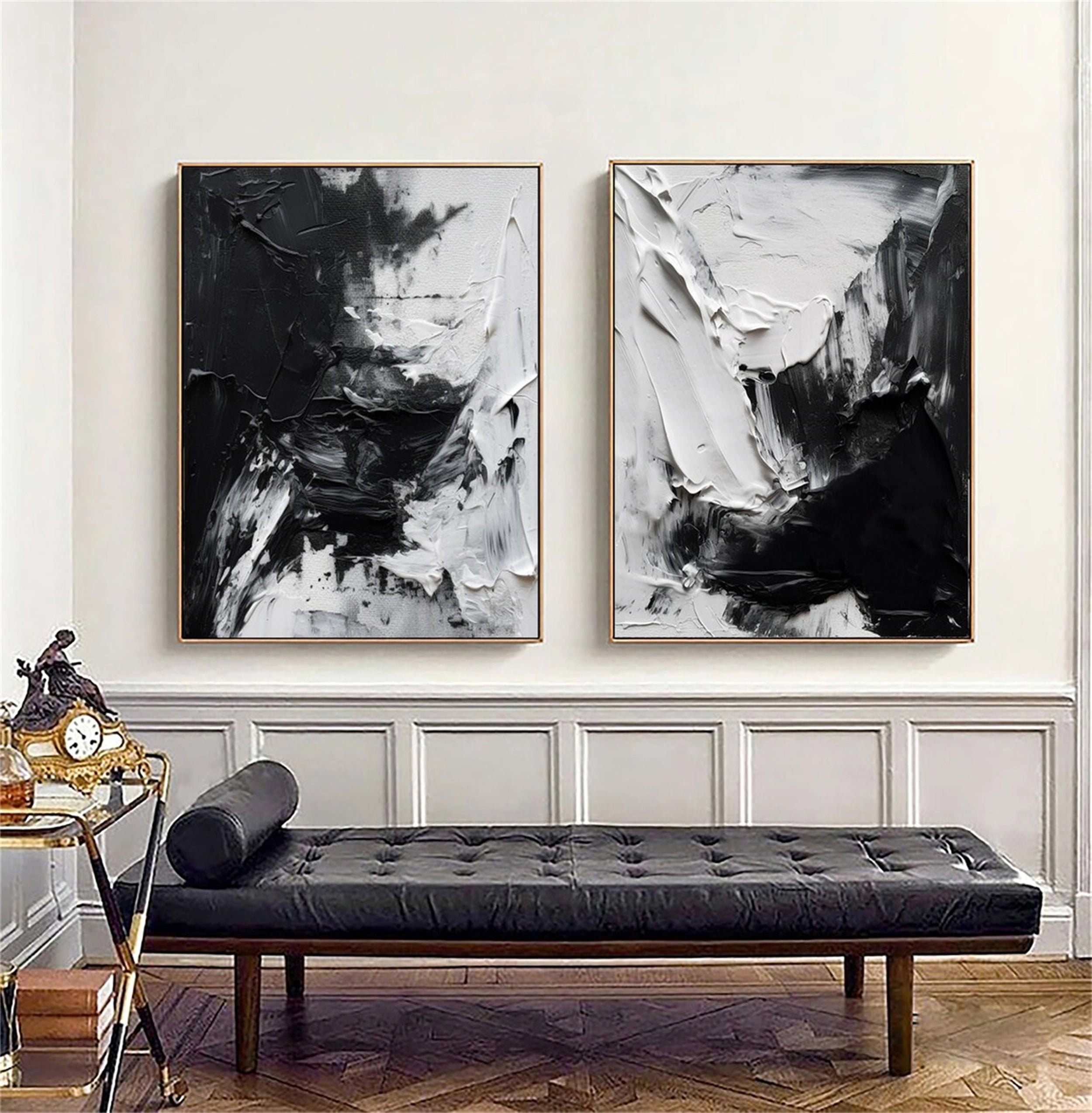 Black and White Textured Minimalist Wall Art Set of 2 - Modern Abstract Canvas Prints for Living Room, Bedroom & Office Decor #MZ064