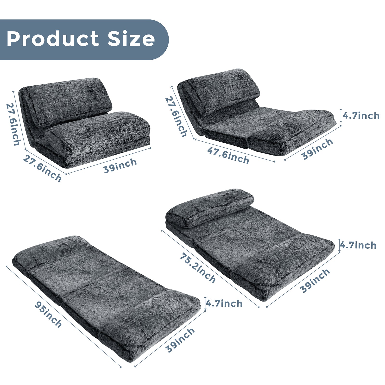 MAXYOYO Faux Fur Bean Bag Chair - Foldable Floor Sofa Bed with Foam Filling, Wall Couch Sleeper for Living Room, Bedroom & Dorm - Black (Perfect for Lounging, Gaming & Small Space Living)