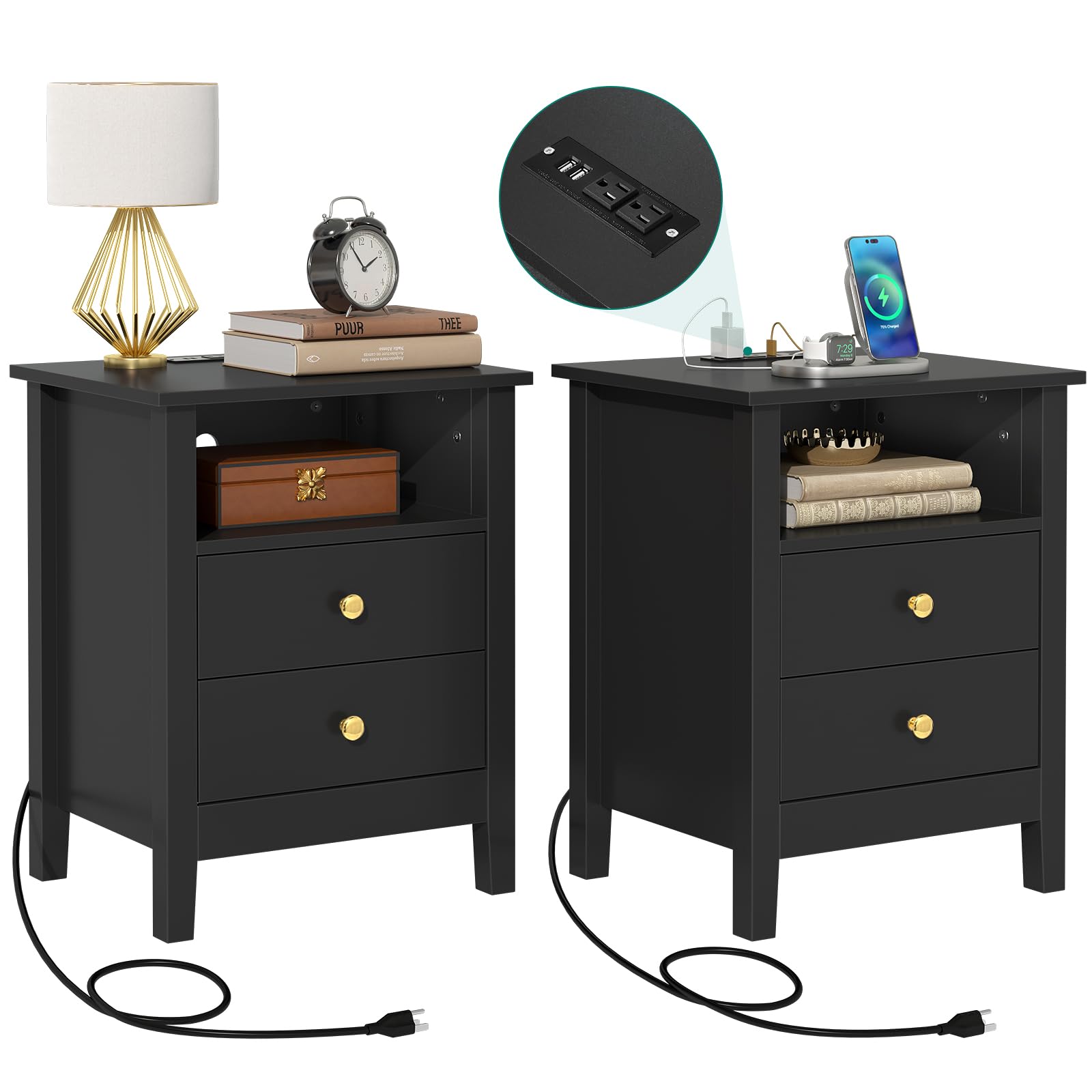 YITAHOME Modern Nightstand with Charging Station - 2 Drawer Bedside Table with USB Ports & Outlets - Set of 2 Black End Tables for Bedroom - Perfect for Small Spaces & Apartment Living
