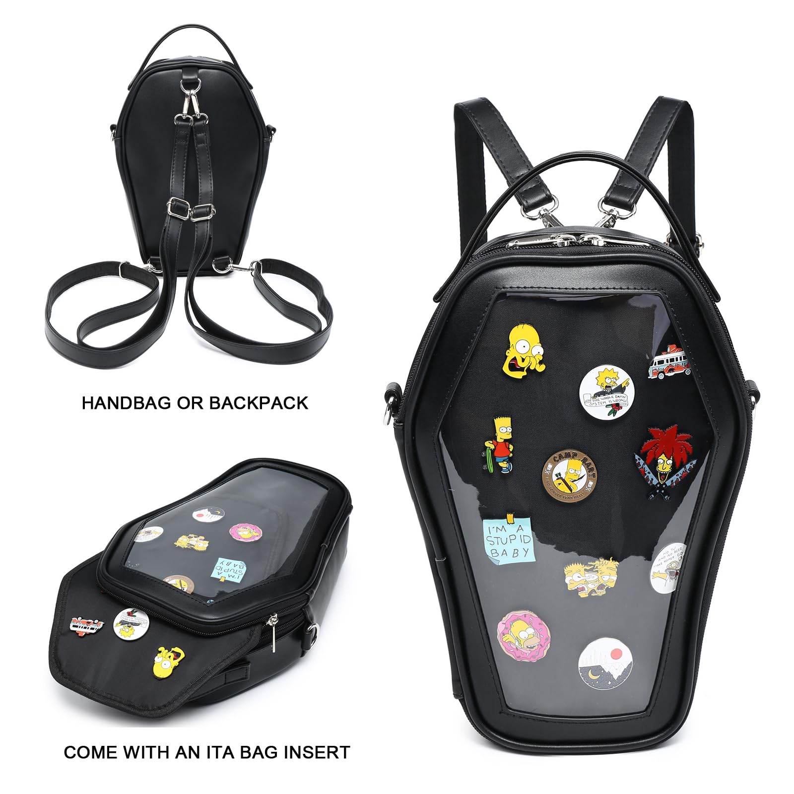 Gothic Coffin Shape Ita Bag Backpack for Anime Pins Display - Rainbow Smile Halloween JK Fashion Purse & Handbag | Perfect for Cosplay, Conventions & Alternative Fashion