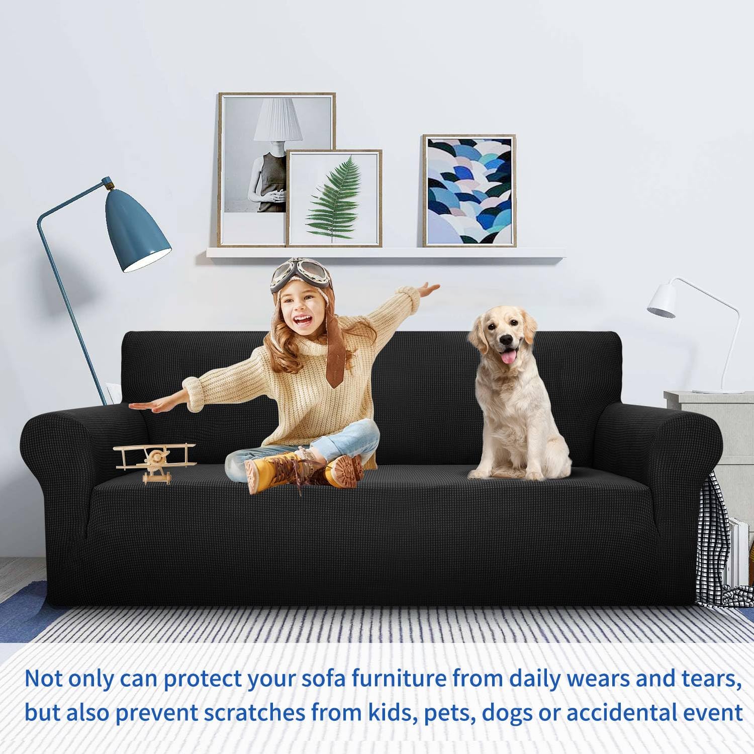 MAXIJIN Stretch Loveseat Sofa Slipcover - Washable, Non-Slip 2-Cushion Couch Cover - Pet Friendly Furniture Protector for Dogs & Cats - Perfect for Living Room, Apartment, Dorm (Black)