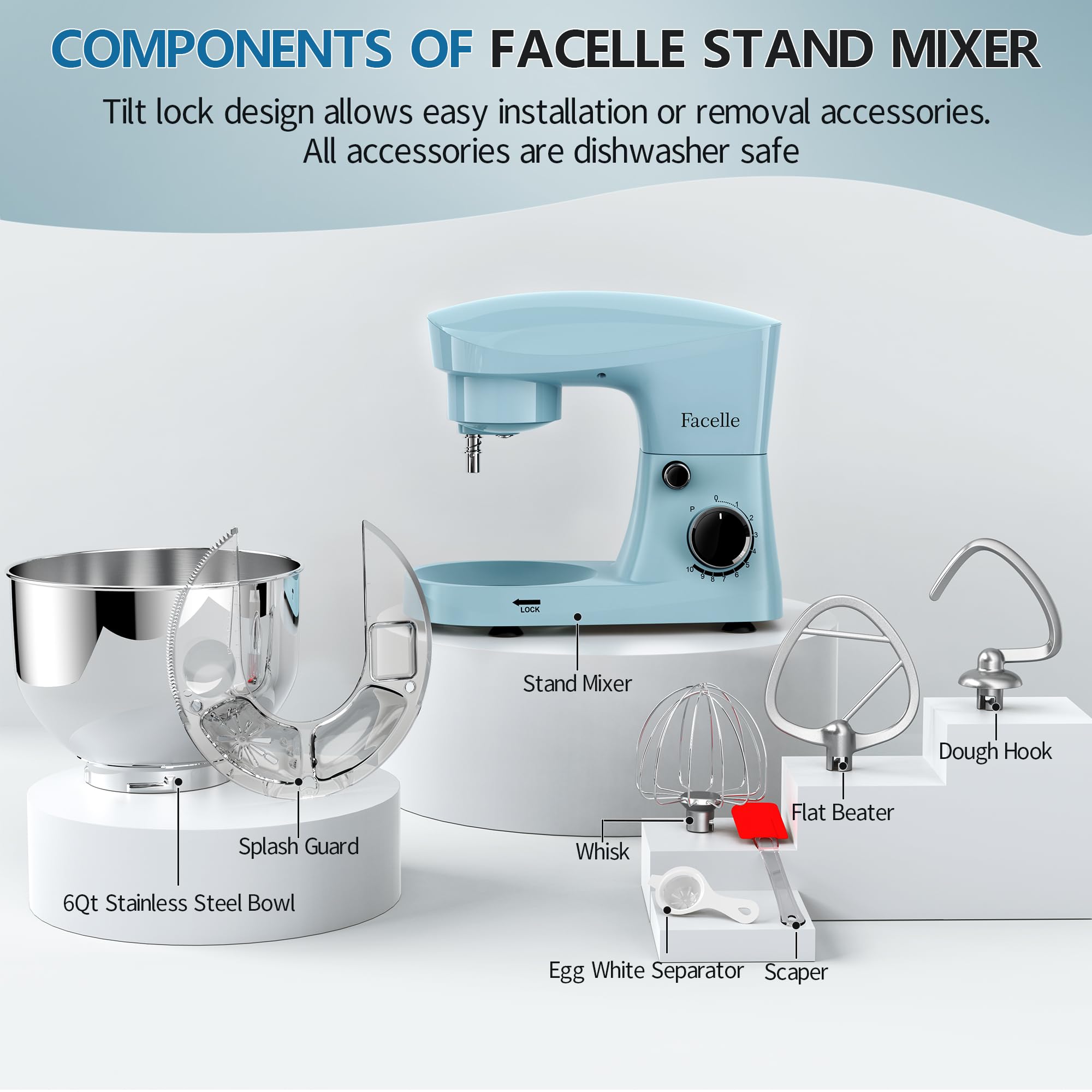 Facelle 10-Speed 6QT Stand Mixer, Tilt-Head Electric Kitchen Mixer with Beater, Dough Hook & Wire Whip - Perfect for Baking Cakes, Cookies, Bread & Pastries at Home (Blue)