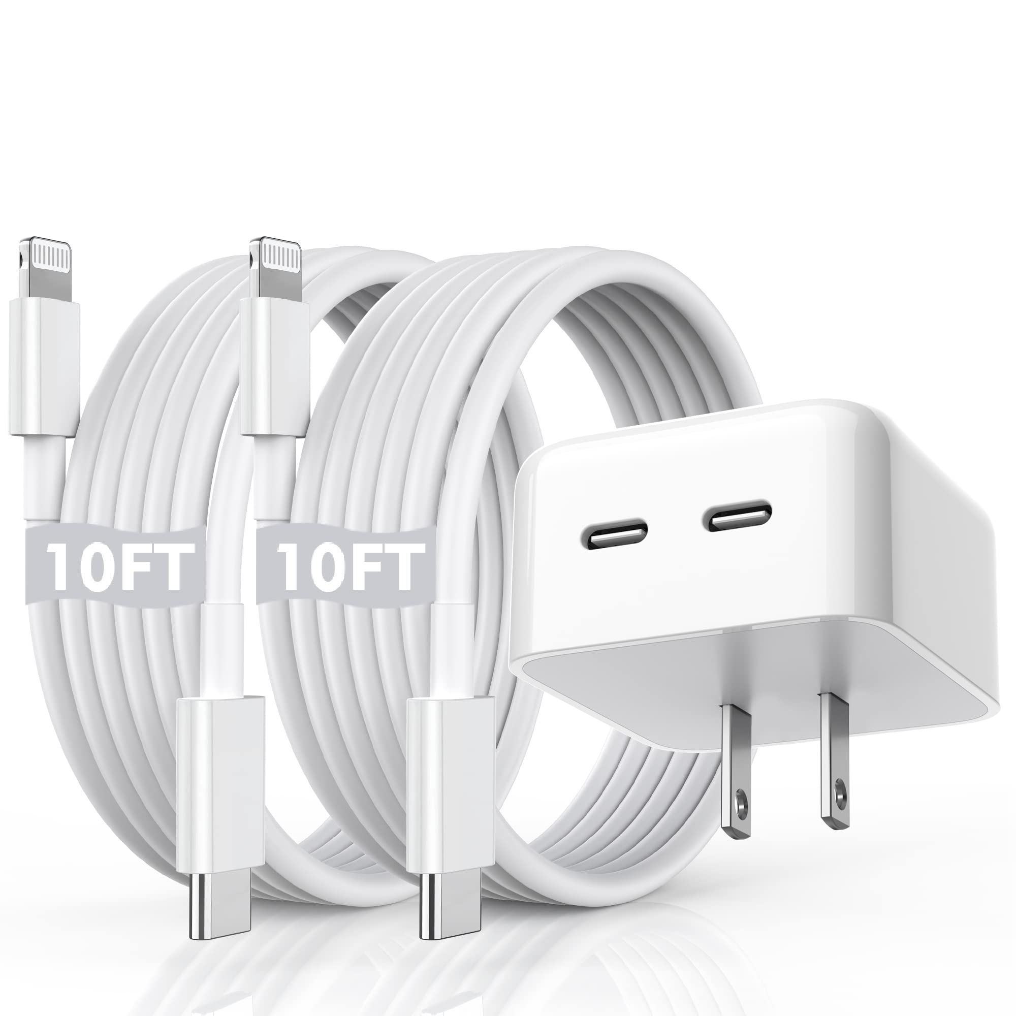 40W Dual USB-C Fast Charger with 10FT Extra Long Lightning Cable - 2 Pack for iPhone 14/13/12/11/XR/XS/SE & iPad | Foldable Design for Travel & Home Charging | Quick Wall Charger for Multiple Devices