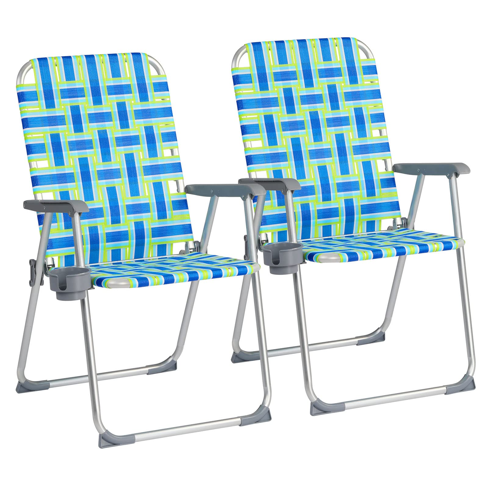 VINGLI 2-Pack Aluminum Folding Patio Chairs with Cup Holder - Portable Outdoor Lawn Chairs for Beach, Camping, Garden & Backyard - Lightweight Webbed Design (Blue) | Perfect for Picnics, BBQs, and Poolside Relaxation