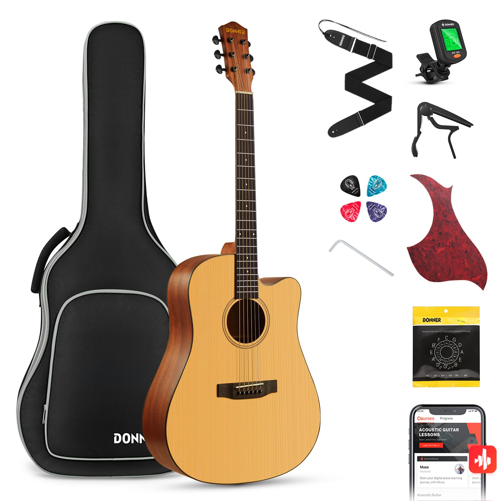 **Donner 41” Full Size Acoustic Guitar Bundle for Beginners & Adults – 4/4 Steel String Cutaway Guitar with Gig Bag, Tuner, Strap, Picks, Capos & Online Lessons – Perfect for Home Practice, Camping & Travel (Natural, DAG-1C/DAD-110C)**