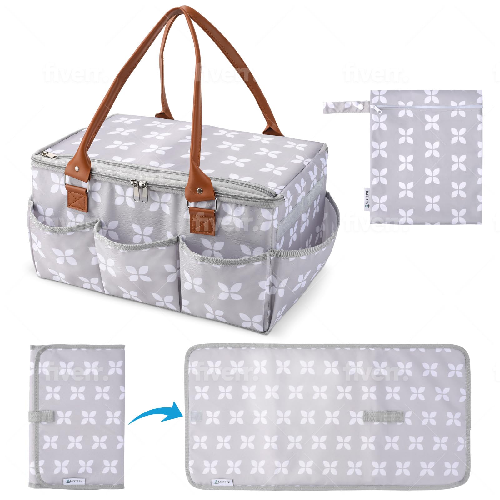 Moteph Diaper Caddy Organizer with Lid & Changing Mat - Large Baby Storage Tote Basket for Nursery, Travel & Car - Zip-Top Cover for Changing Table - Perfect Baby Shower Gift (Grey) - Keep Diapers & Essentials Organized at Home or On-the-Go