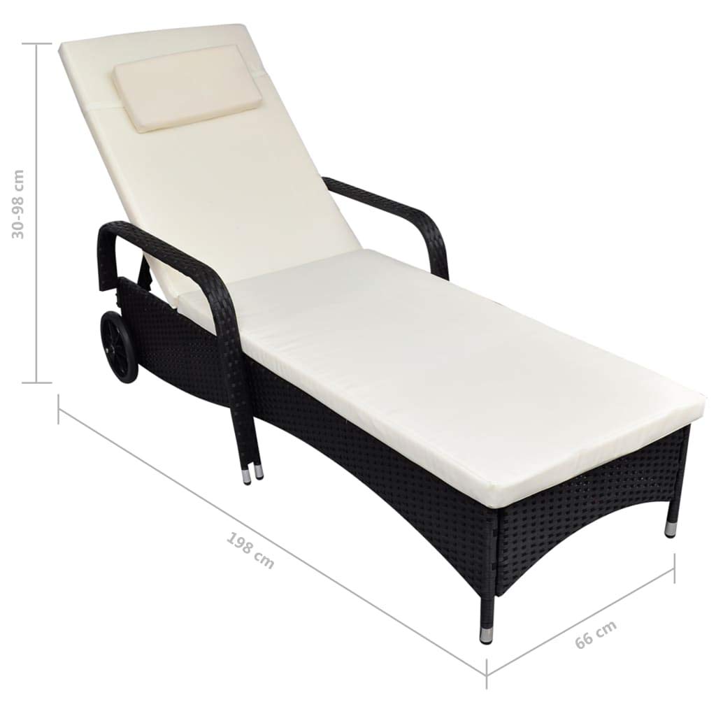 Premium FAMIROSA Sun Lounger with Cushion & Wheels - Durable Poly Rattan Outdoor Chaise Lounge in Black - Perfect for Poolside, Patio, Beach & Garden Relaxation