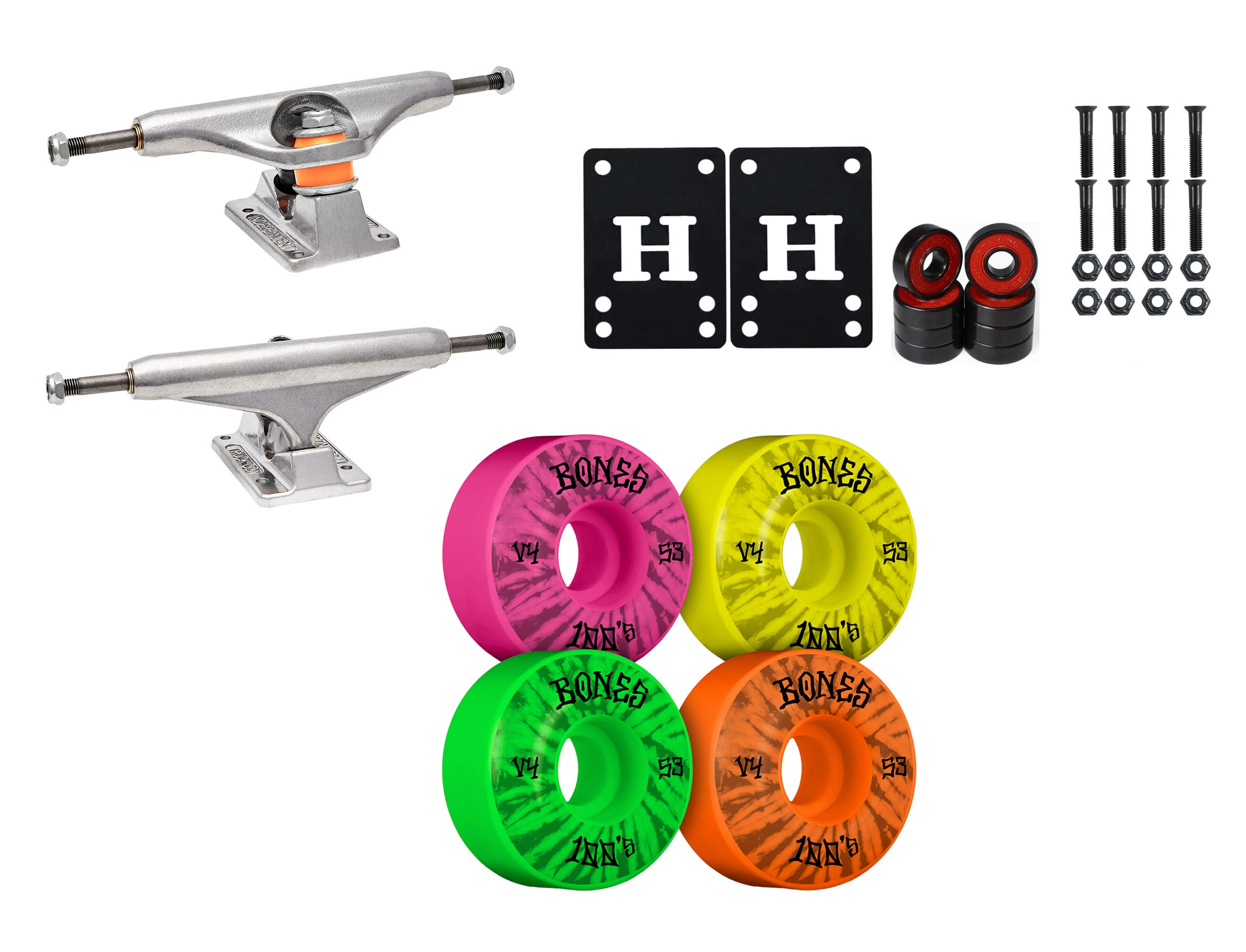 Premium Independent Skateboard Trucks (5.0-8.5 Size Options) with Bones 100 Wheels & Bearings - Complete Skateboard Hardware Kit for Street & Park Riding
