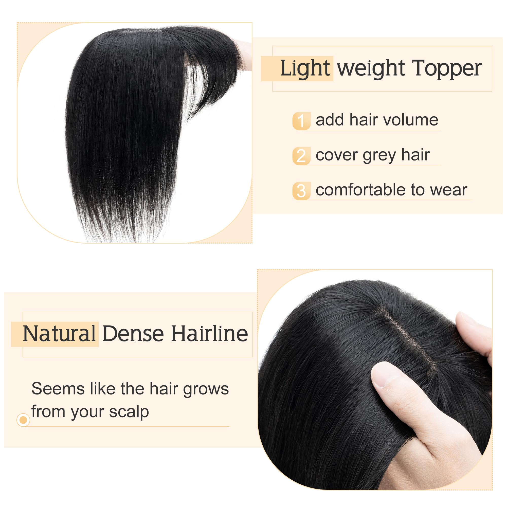 SEGO Human Hair Toppers for Women with Bangs - 7x13cm Silk Base, 100% Remy Hair Clip-in Top Wiglet for Thinning Hair (16 Inch, Jet Black) - Perfect for Daily Wear, Special Occasions & Hair Volume Enhancement