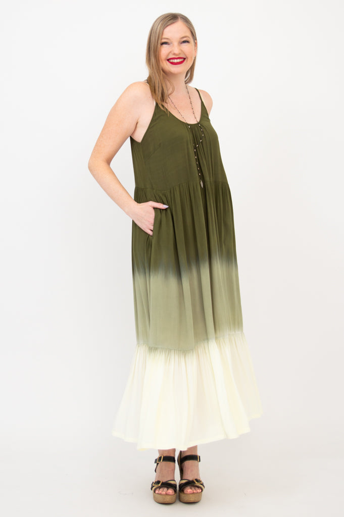 Boho Green Dip Dye Maxi Dress for Women - Flowy Summer Beach Dress for Vacation, Music Festivals & Outdoor Events